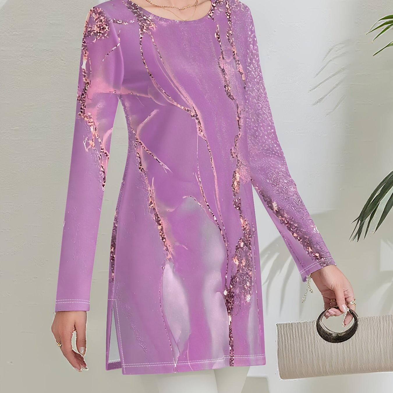 TEMU [printed Design – Not Textured/embroidery/sequins] Fashionable Women's Long-sleeve Top, Elegant Business Casual Women's Top, Marble Pattern ,