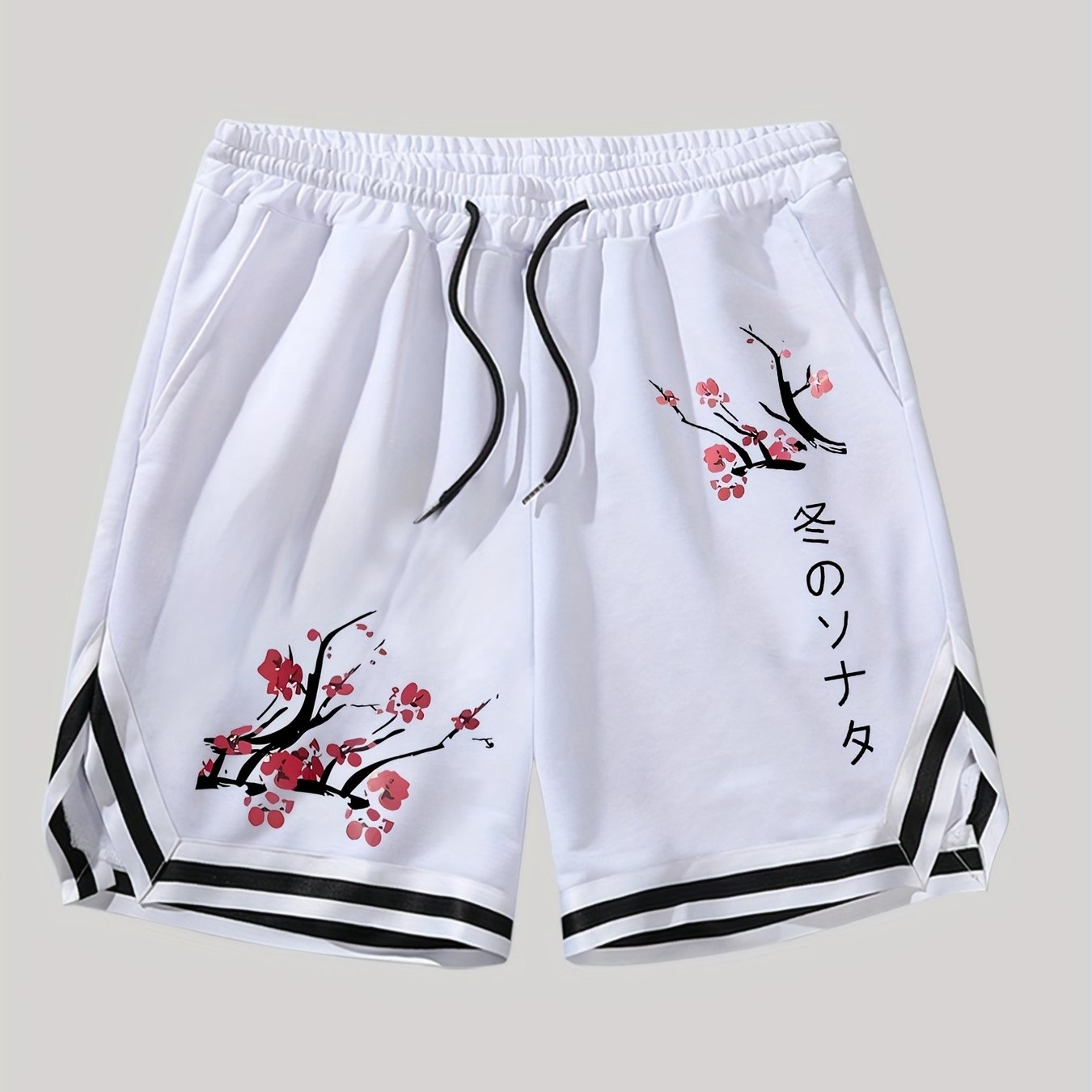 Image of Men's Plum And Letter Print Shorts With Drawstring Waist And Pockets, Summer Street Fashion Shorts