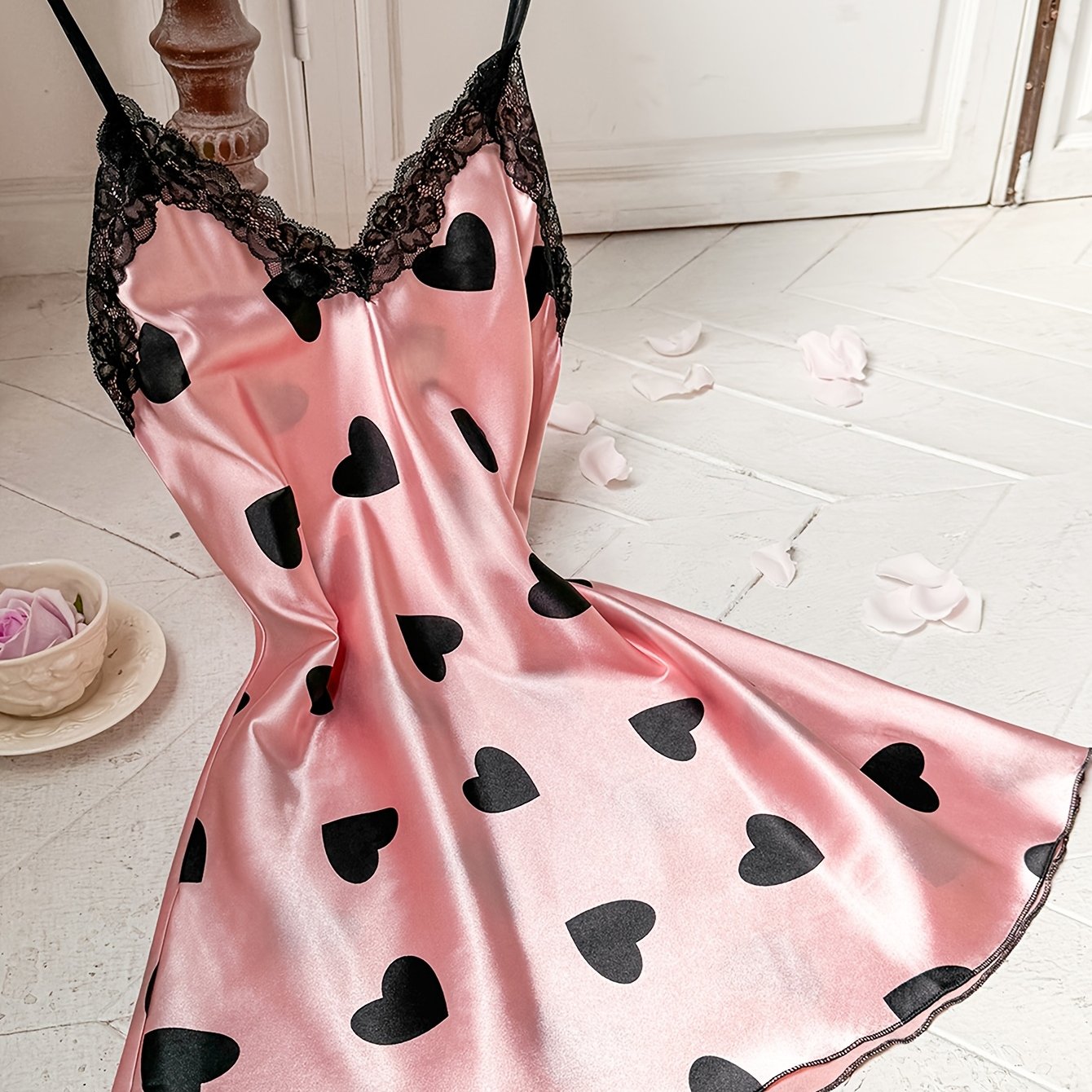 TEMU Women's Sexy V-neck Slip Nightgown With Heart Print & Contrast Lace Trim - Soft Polyester, Adjustable Thin Straps, Comfortable Sleep Dress For ,