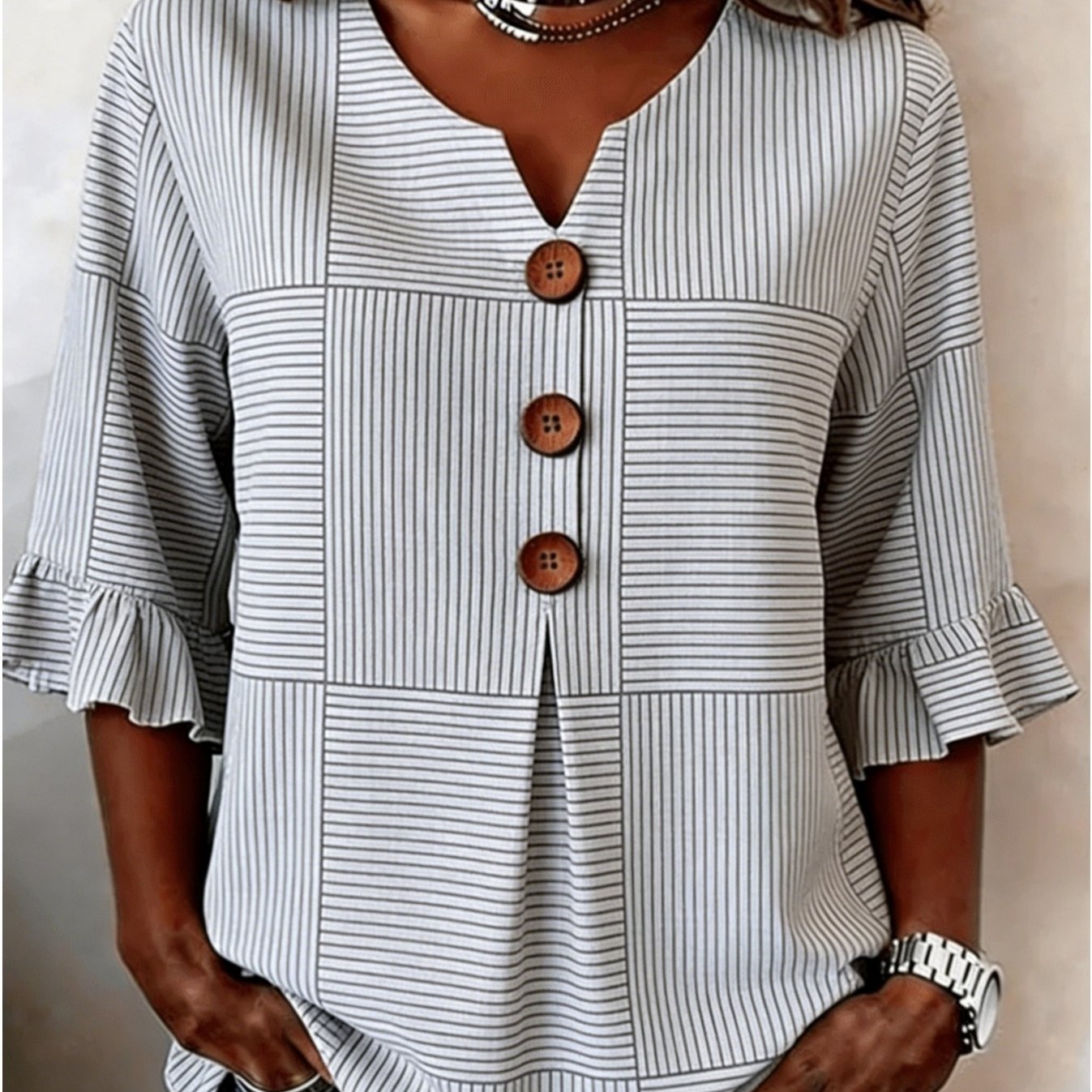 Image of Plus Size - Gray White Thin Vertical Stripe Block Spliced V-neck Wooden Button 3/4 Sleeve Ruffle Top, Easy Loose Versatile Casual Blouse, Daily Commuter Women Striped Shirt