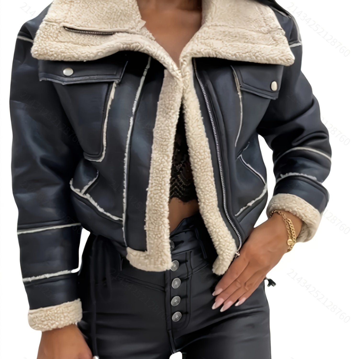 E-shop Damen Herbst- und Winter Lamm Freizeitjacke, Motorrad-Stil Klapptasche Warmjacke, Kordelzug-Saum