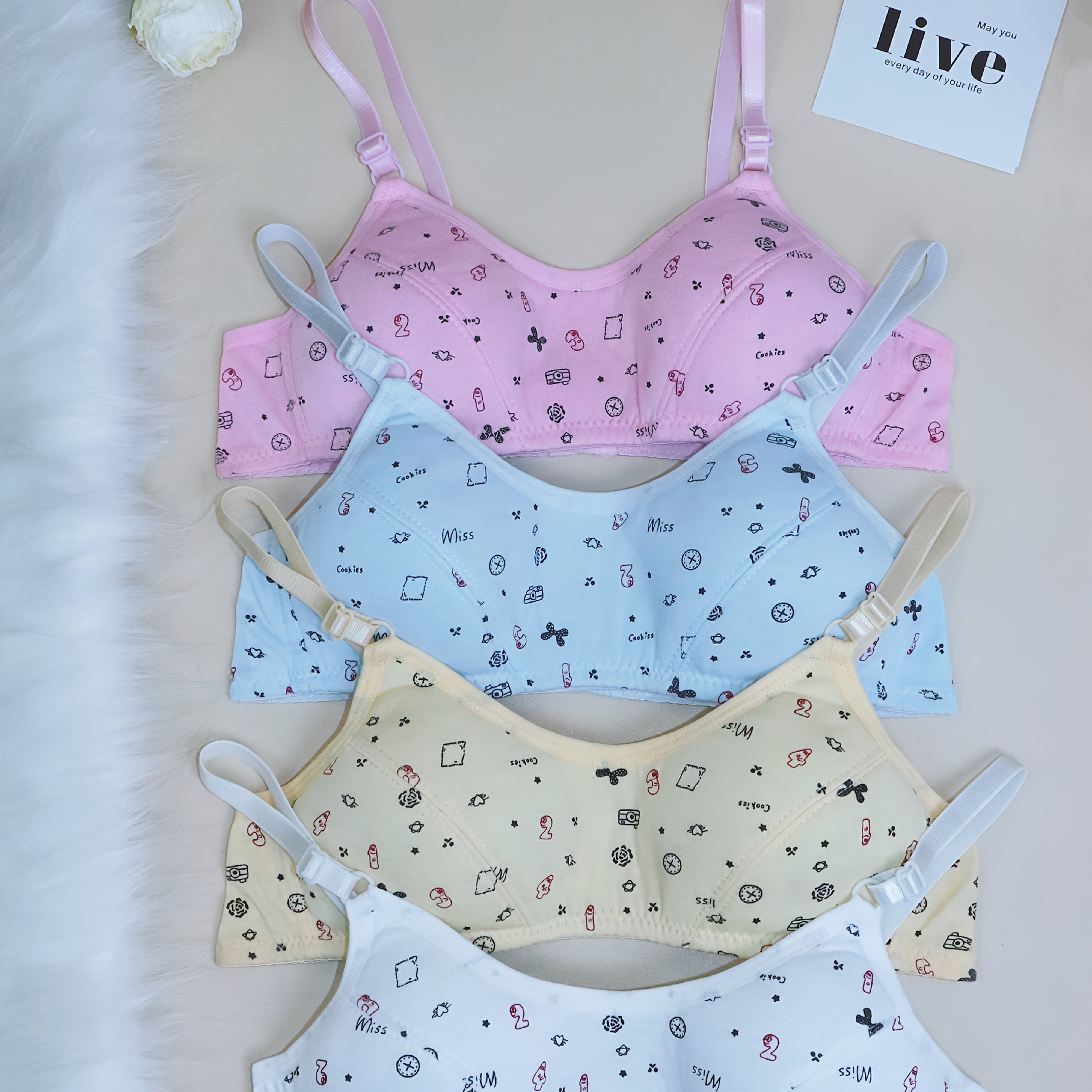 4pcs Cute Print Training Bras For Girls, Comfortable & Breathable, Adjustable Straps, No Padding, Perfect 10-13, Wear - Everyday & , Training Bra| Design|comfortable Straps