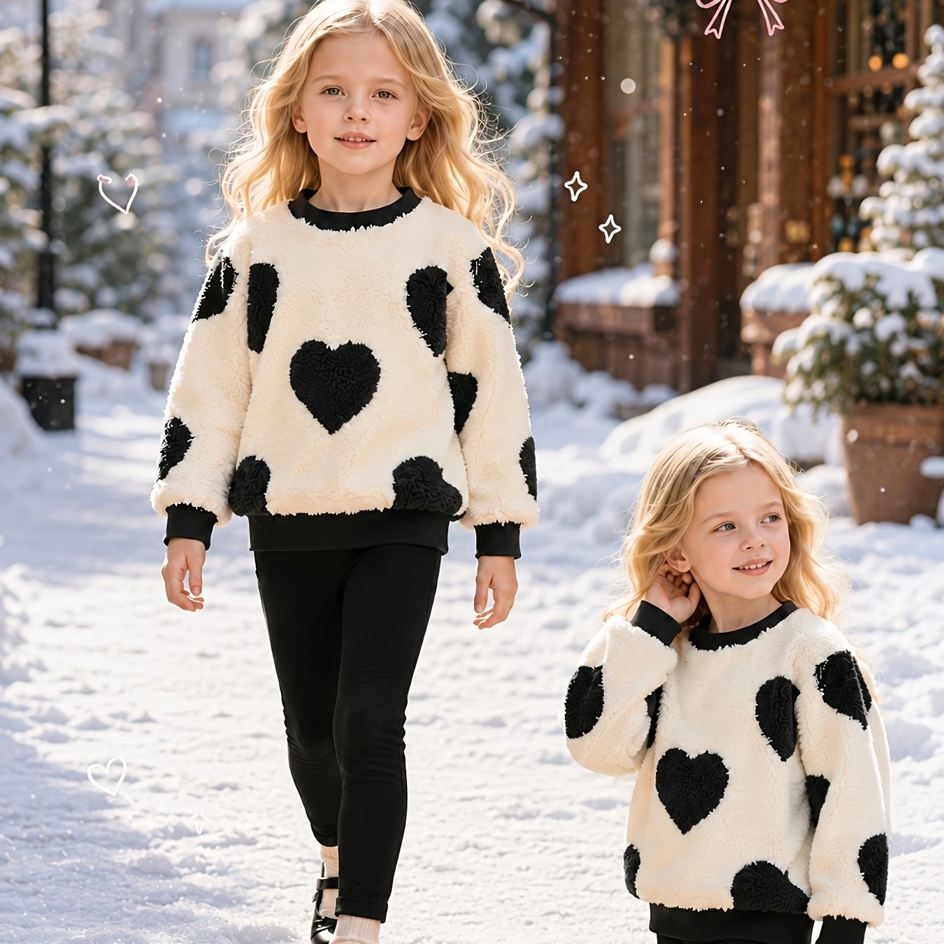 Image of 2pcs. Girls' Round Neck Plush Sweatshirt And Long Pants Set. Heart Pattern Plush Fabric Round Neck Top With Elasticity. With Solid Color Slim Fit Long Pants, For Outdoor