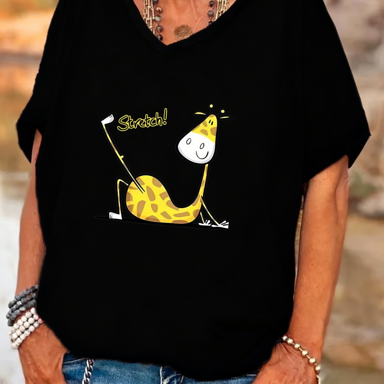 TEMU Plus Size, Big Size Women V Neck Batwing Sleeve T Shirt Giraffe Stretch Cartoon Summer Top For Beach And Casual Attire
