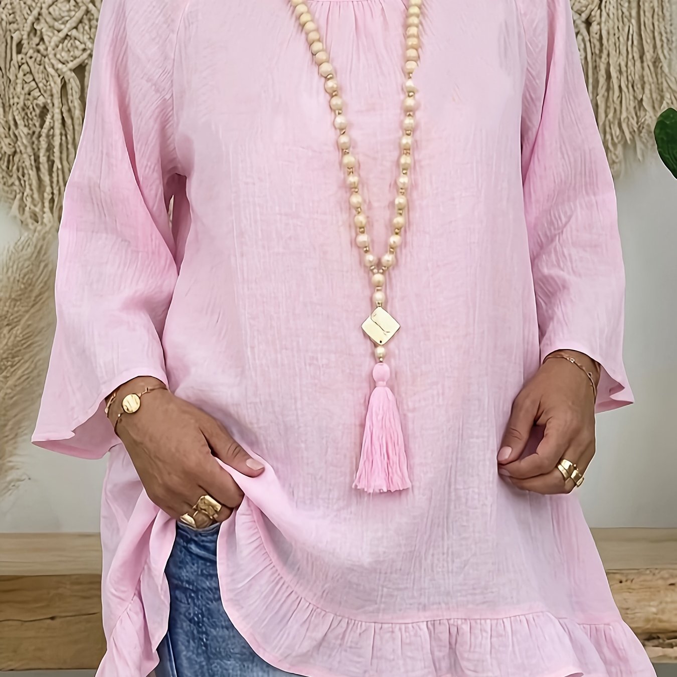 E-shop Neues lockeres Leinenhemd für Damen im Bohemian-Stil für Frühling/Sommer, lässiges Oberteil im Urlaubsstil mit Fledermausärmeln, atmungsaktiver