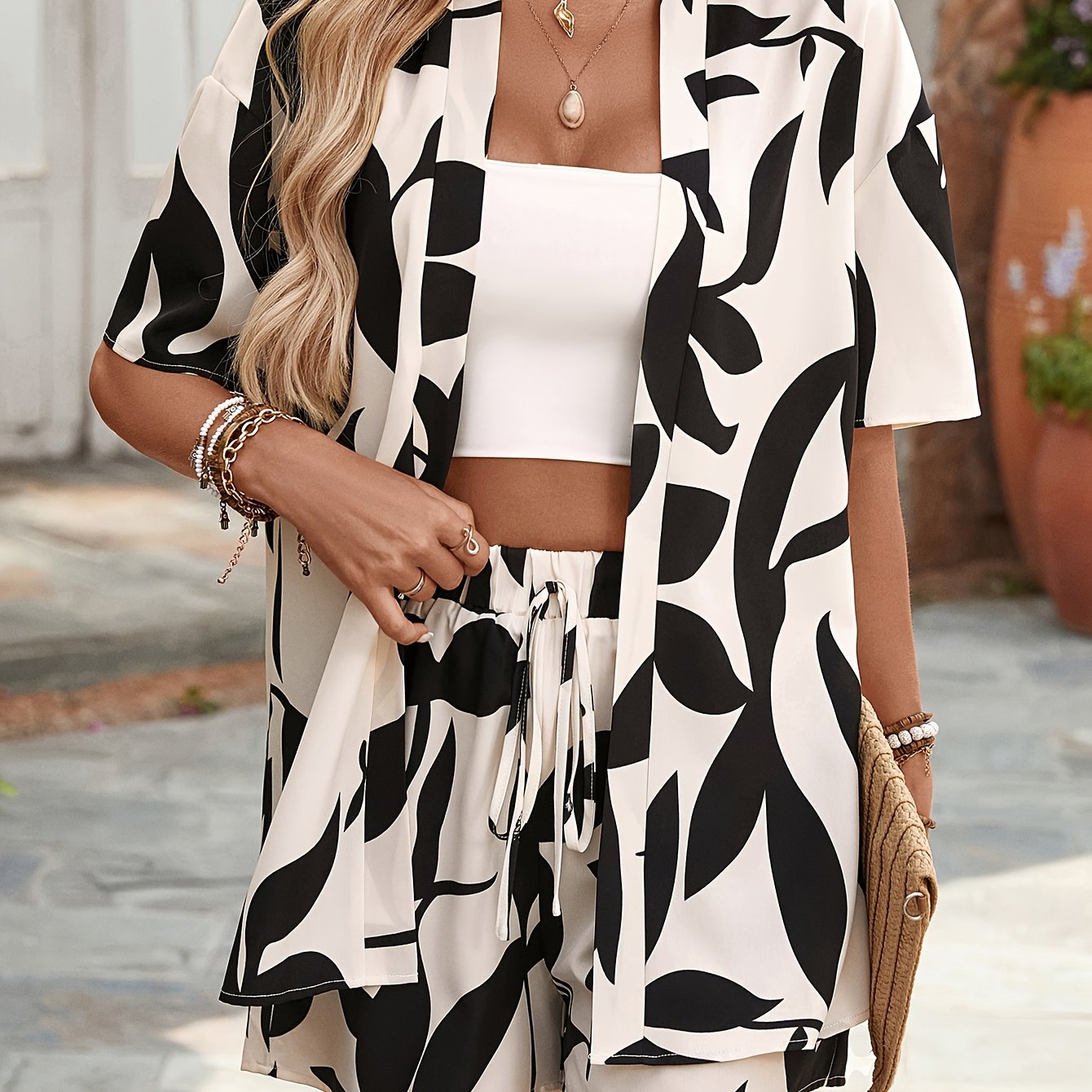 E-shop Europäisches und Amerikanisches Plus Size Sommer-Herbst Neues Zufälliges Druck Crop Top + Shorts Casual Urlaub Set ohne Spaghettiträger