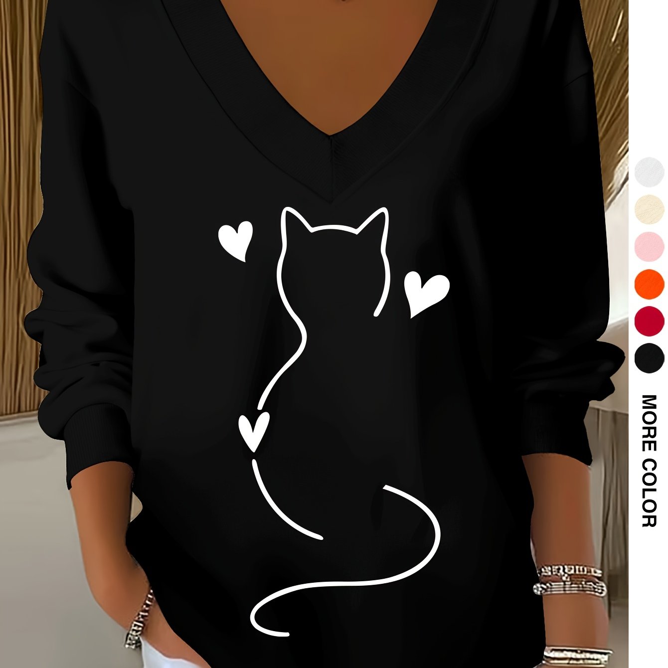TEMU 1014gwen Women's Casual V-neck Long Sleeve Sweatshirt With Graphic Print
