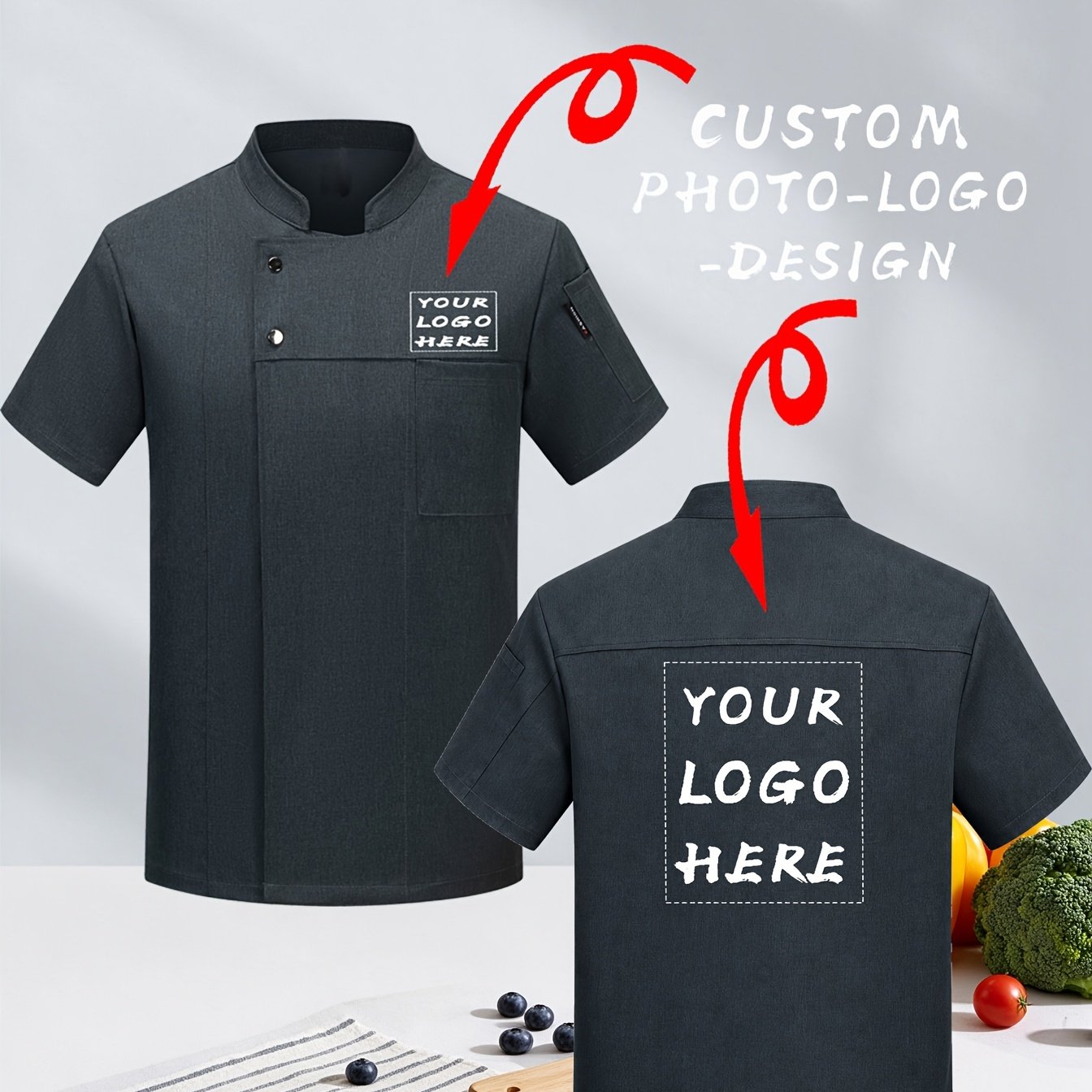 TEMU 1pc Custom Chef Short Sleeve Shirt, Personalized Logo, Custom Pictures And Text. Durable And, Suitable For Catering, Hotel , Cake Baking Shops