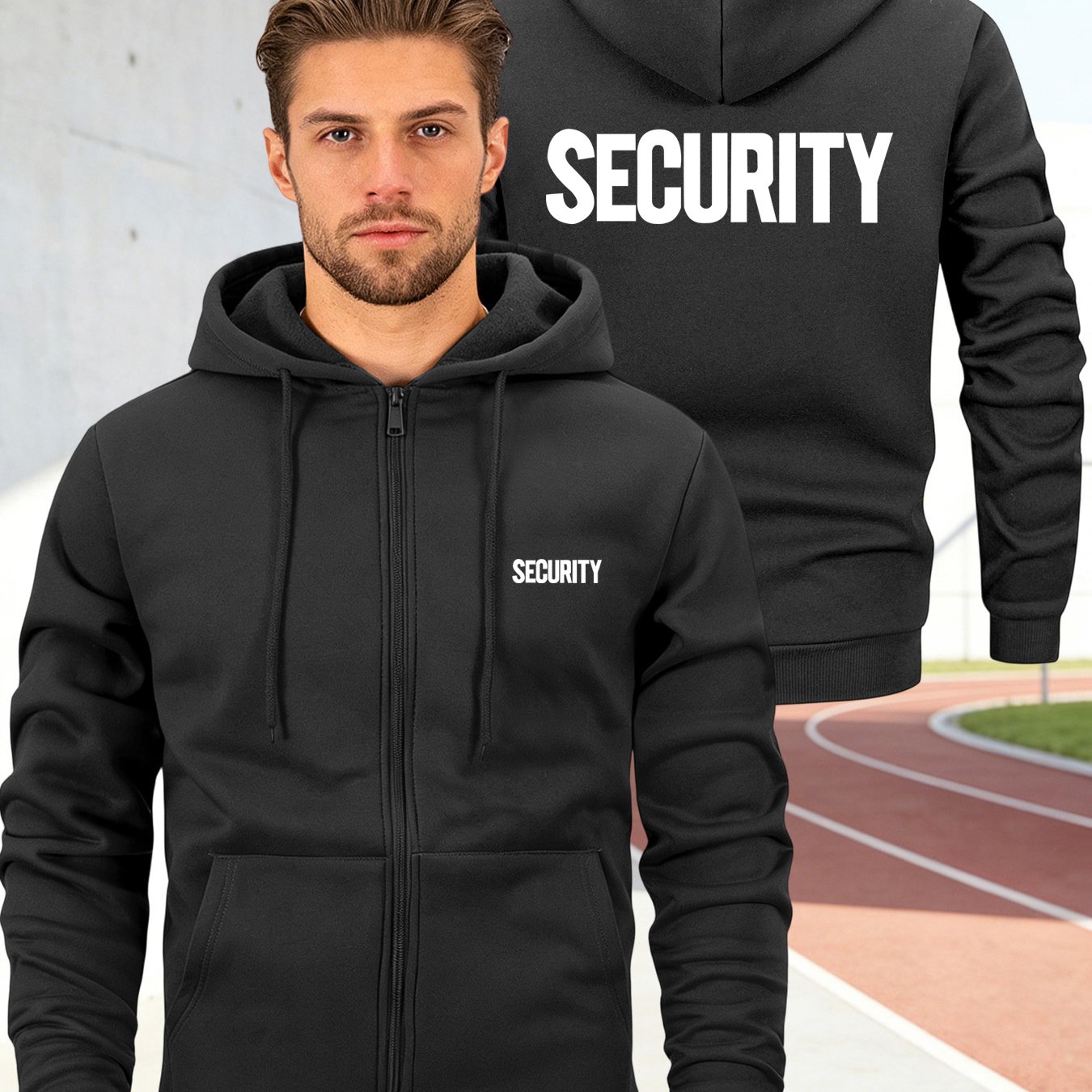 TEMU Men's Hooded Jacket With Security Letter Print, 1pc, Closed Zipper, Fashionable Versatile Design With Pockets And Drawstring, Long Sleeve Top,