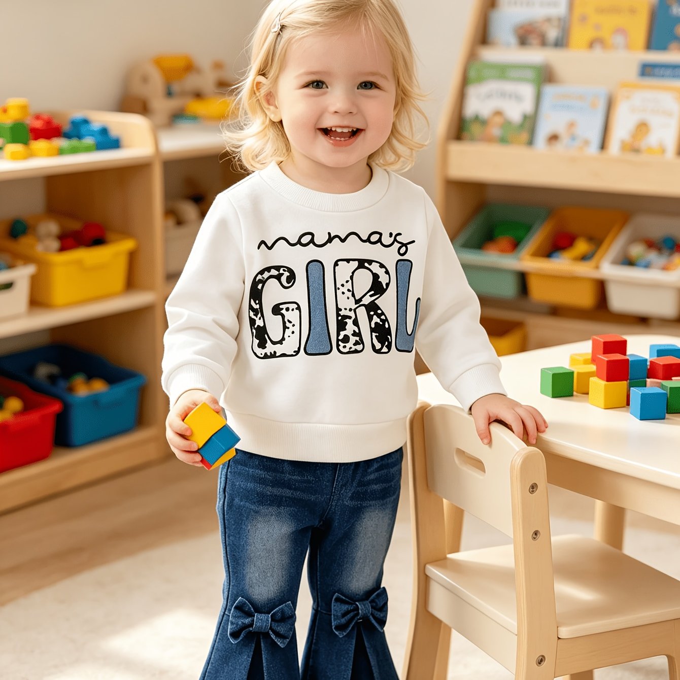 TEMU 2pcs Baby Girls' 2pcs Outfit Suitable For Spring/fall - Letter Print & Flare Jeans With Bow Detail, Long Sleeve Round Neck Top, For , Hand