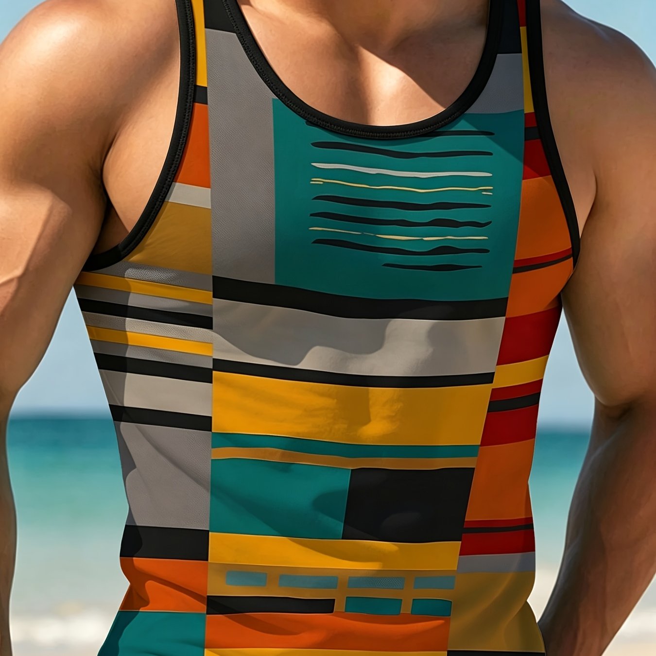 TEMU Men's Top, Mixed Color With Multiple Specs, Polyester, Modern Graphic Color - Block & Stripe (teal, Orange, Yellow, Red, Gray, Black), Stylish
