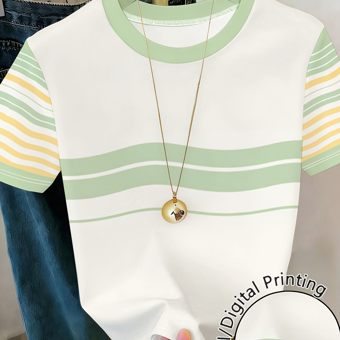 TEMU Fashion Printed Summer Casual Women's Crew Neck Short Sleeve T-shirt, Elegant Breathable Soft Slim Fit Versatile Daily Tops