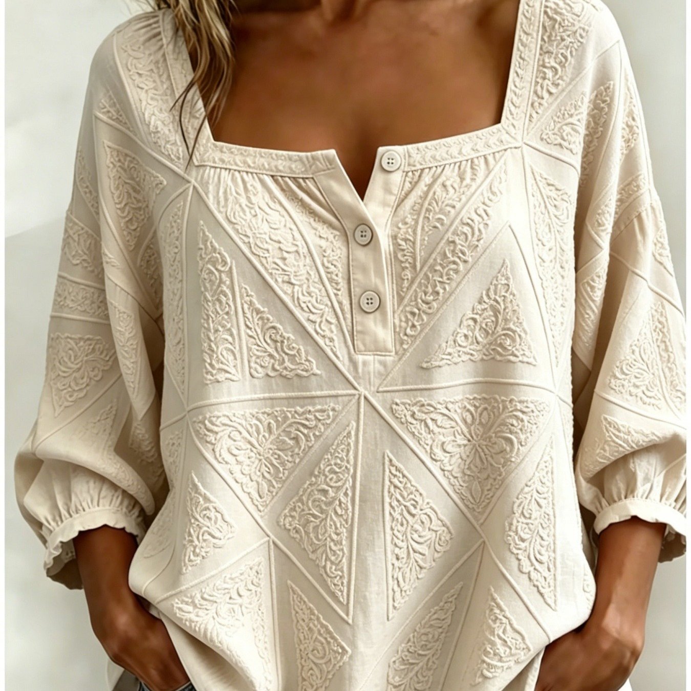 Plus Size - Plus Size - 2d Flat Printing Plus Size Retro Embroidered Triangle Printed Square Neck 3 Button Short Sleeve Shirt