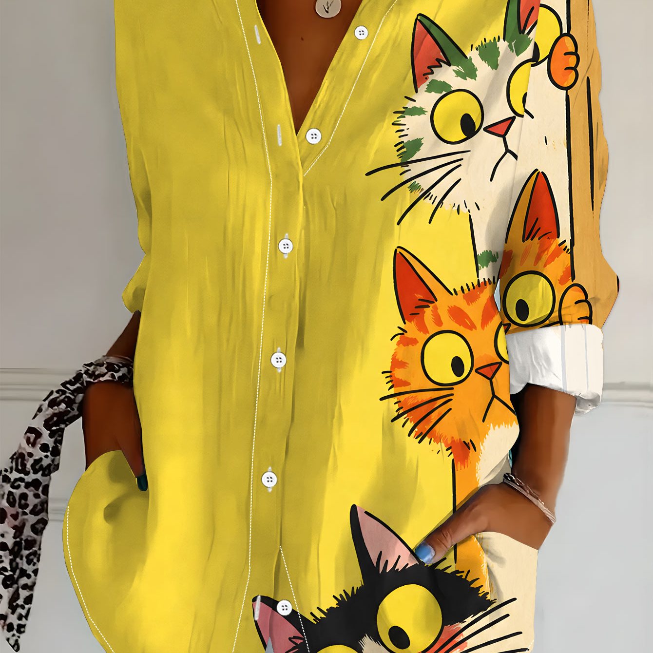 TEMU Plus Size Women's Long Sleeve Shirt, Cute Cat Peeking Style, Loose Printed Shirt, 3 Cats, Mid-length Women's Long Sleeve Collared Shirt, Red And