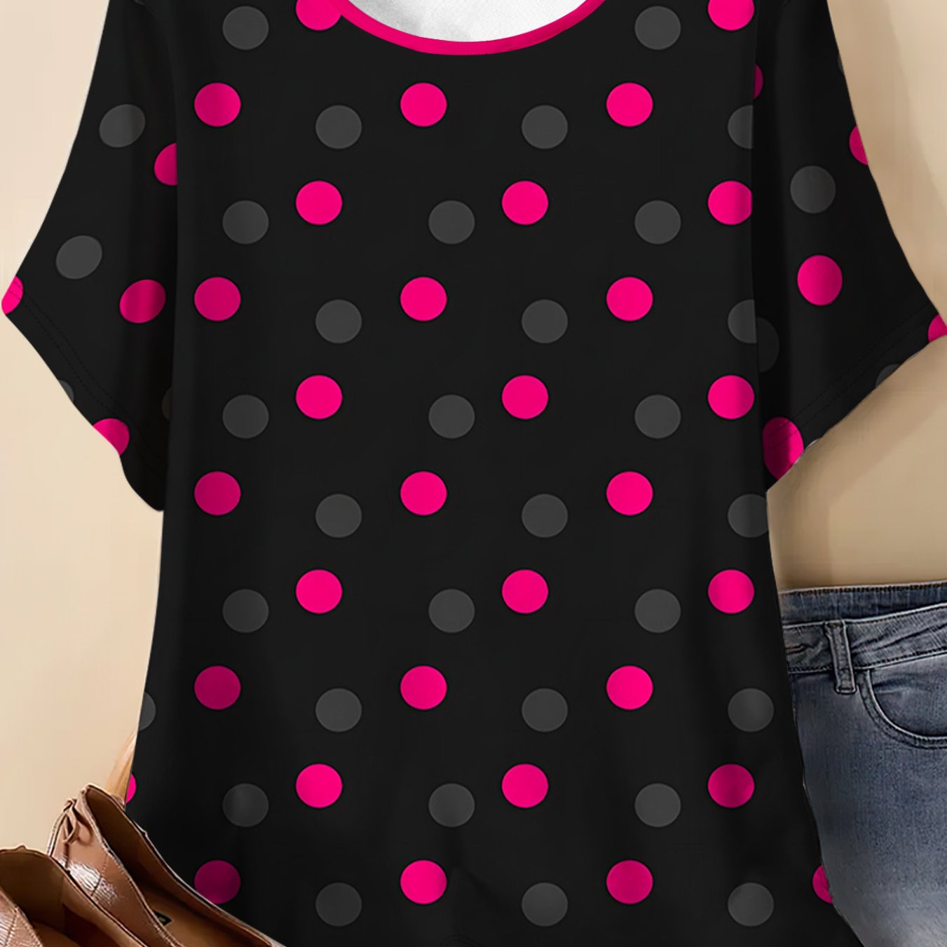 TEMU Black Background Rose Red Gray Polka Dot Print Short-sleeved T-shirt Loose Plus Size Color-blocking Round Neck Top Retro Casual Temperament