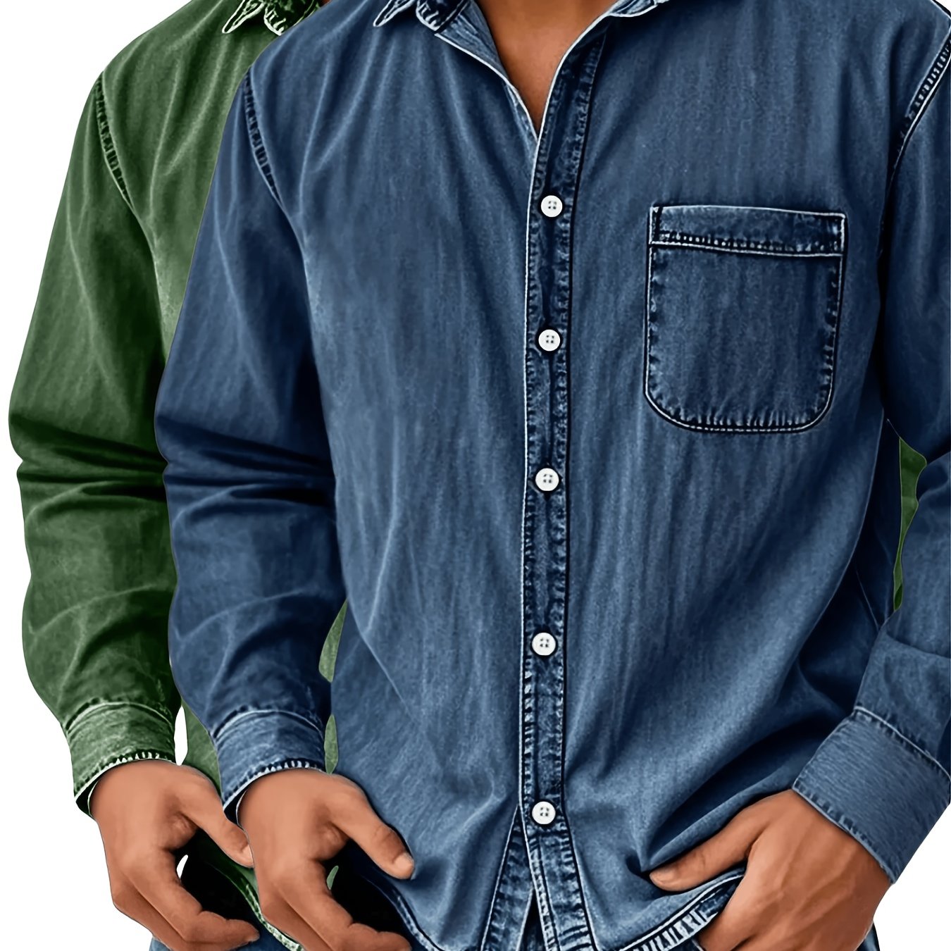 Image of 2pcs Men's Vintage Washed Denim Button- Shirt & Shirt Suitable For Daily Wear, Chest Pocket Collar Long Sleeve, Solid Color Regular Fit Casual Shirts For Autumn Layering And -casual Outfits