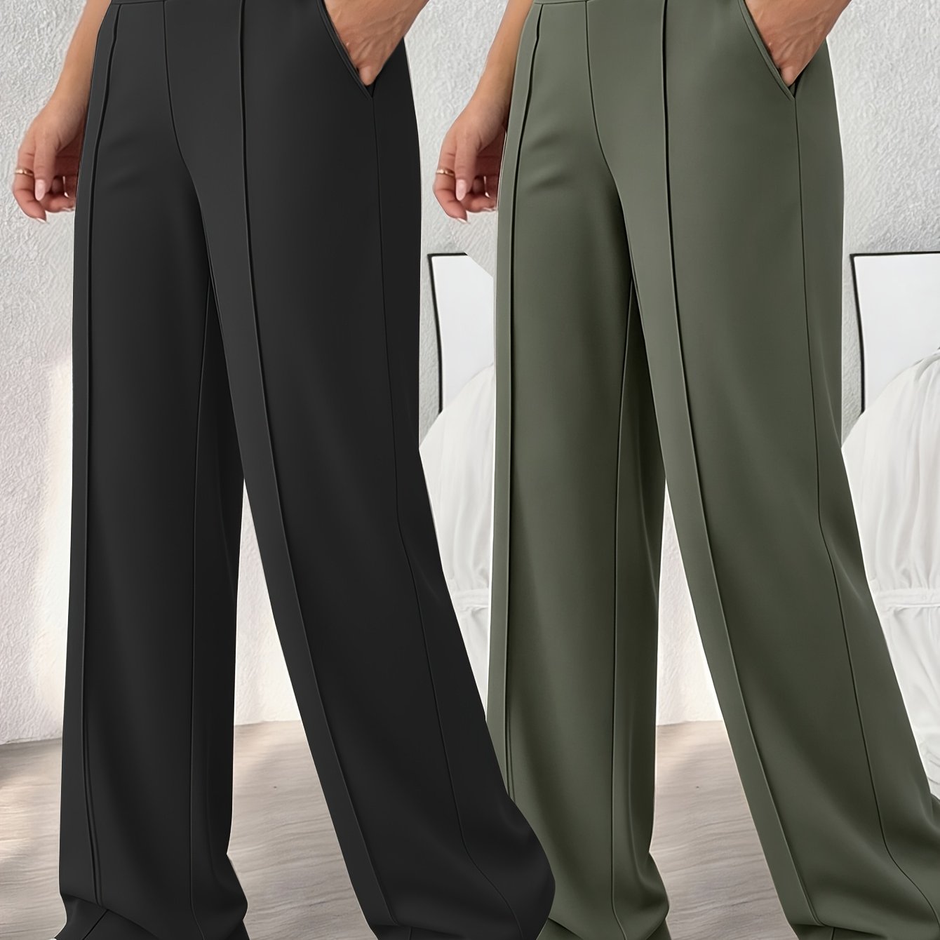 TEMU 2pcs Set - Women's Stretch High-waist Straight Leg Pants (2-pocket) Flowy Comfortable Wide-leg Trousers For Running, Outdoor, Fitness, Casual,