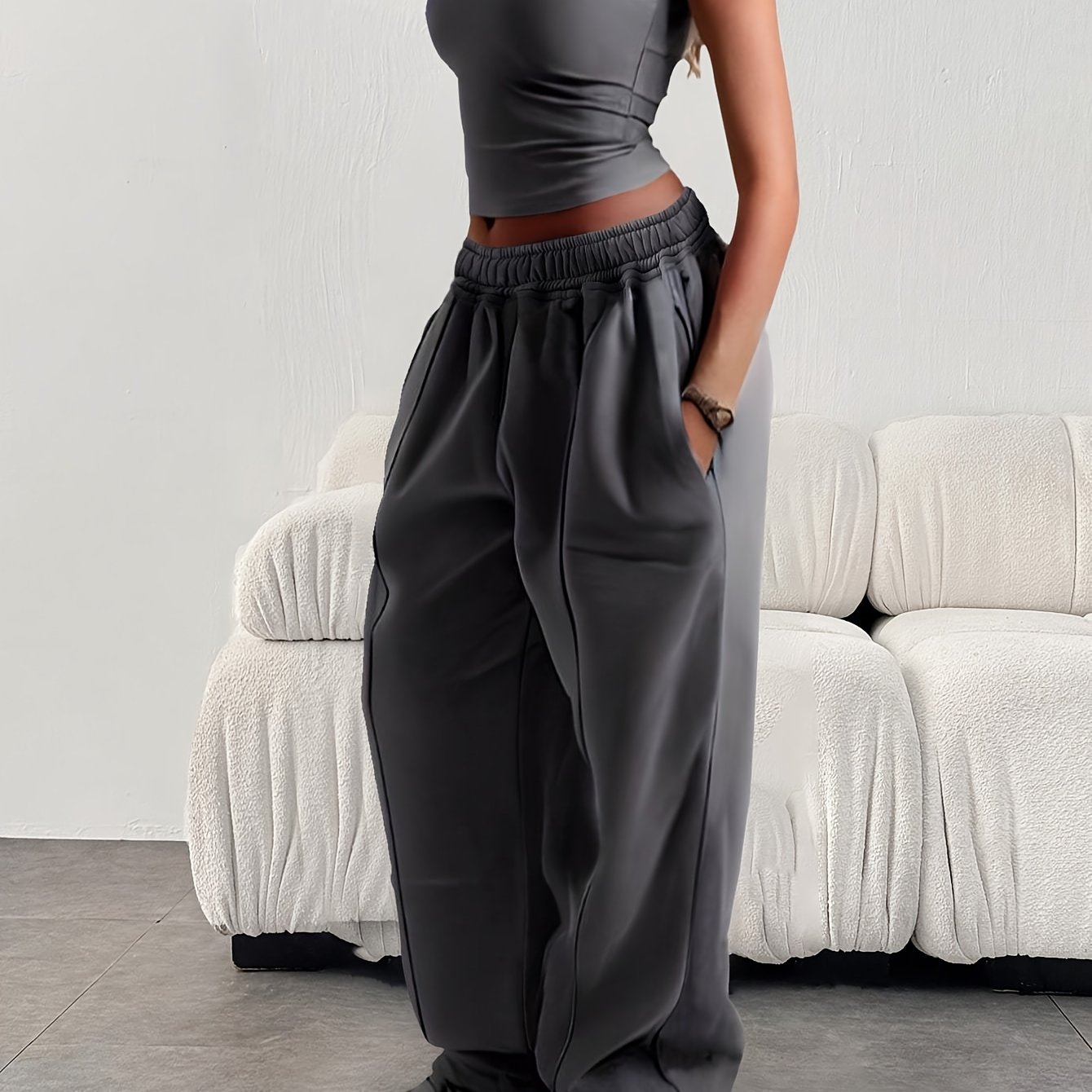 Image of 2025 Autumn Winter New Women's Comfortable Soft Breathable Loose Casual All-match Regular Style Vacation Leisure Street Style Solid Color Elastic Waist Wide Leg Harem Pants Sweatpants Long Trousers
