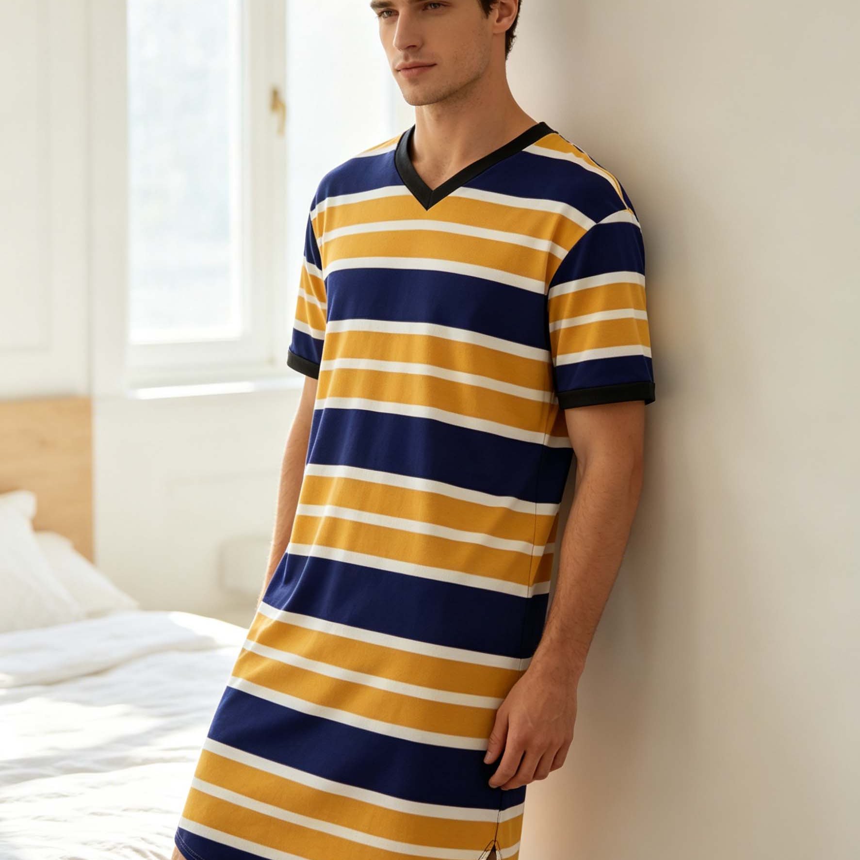 TEMU Men's Navy Blue V-neck Nightgown With Yellow And White Contrast Stripes, A Comfortable, Loose-fitting Printed Sleep Dress For Home And Leisure.