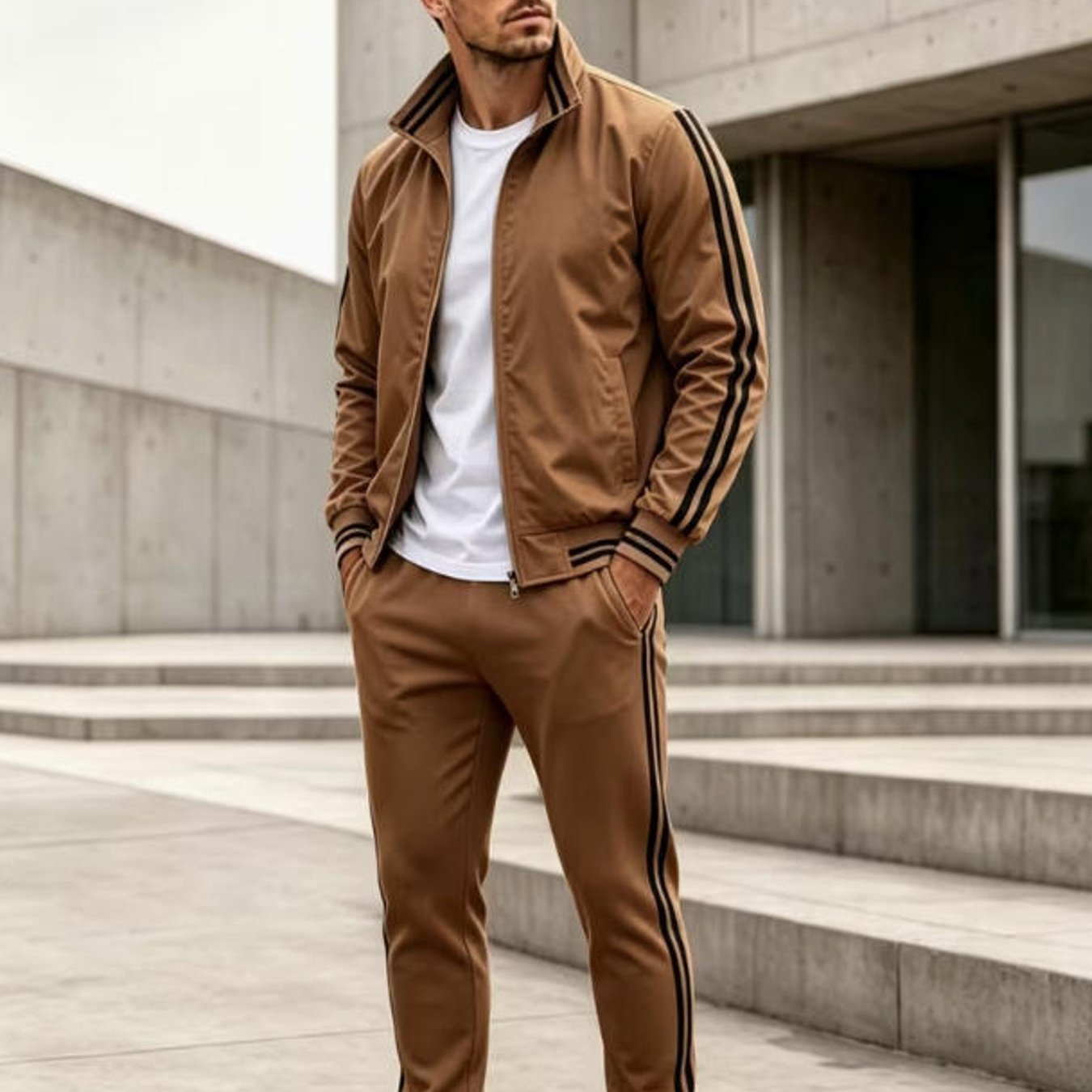 Image of Men's Fashion Casual Tracksuits Stand Collar Zip Up Jacket With Black Stripes Jogger Pants Sportswear For Adults Men Street Style Fall Casual Wear Holiday Gift