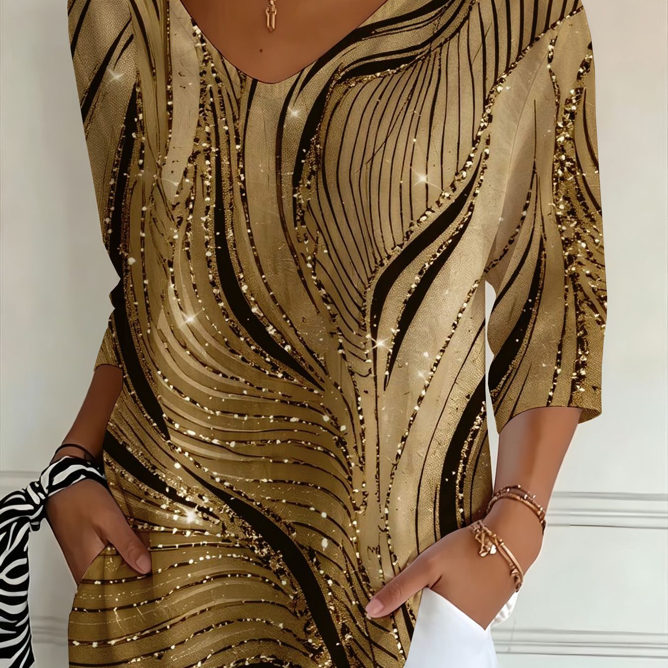 TEMU Full Printed Women's Plus Size Three-quarter Sleeve V-neck T-shirt Wavy Sequin Pattern Suitable For Everyday Wear And Casual Sportswear