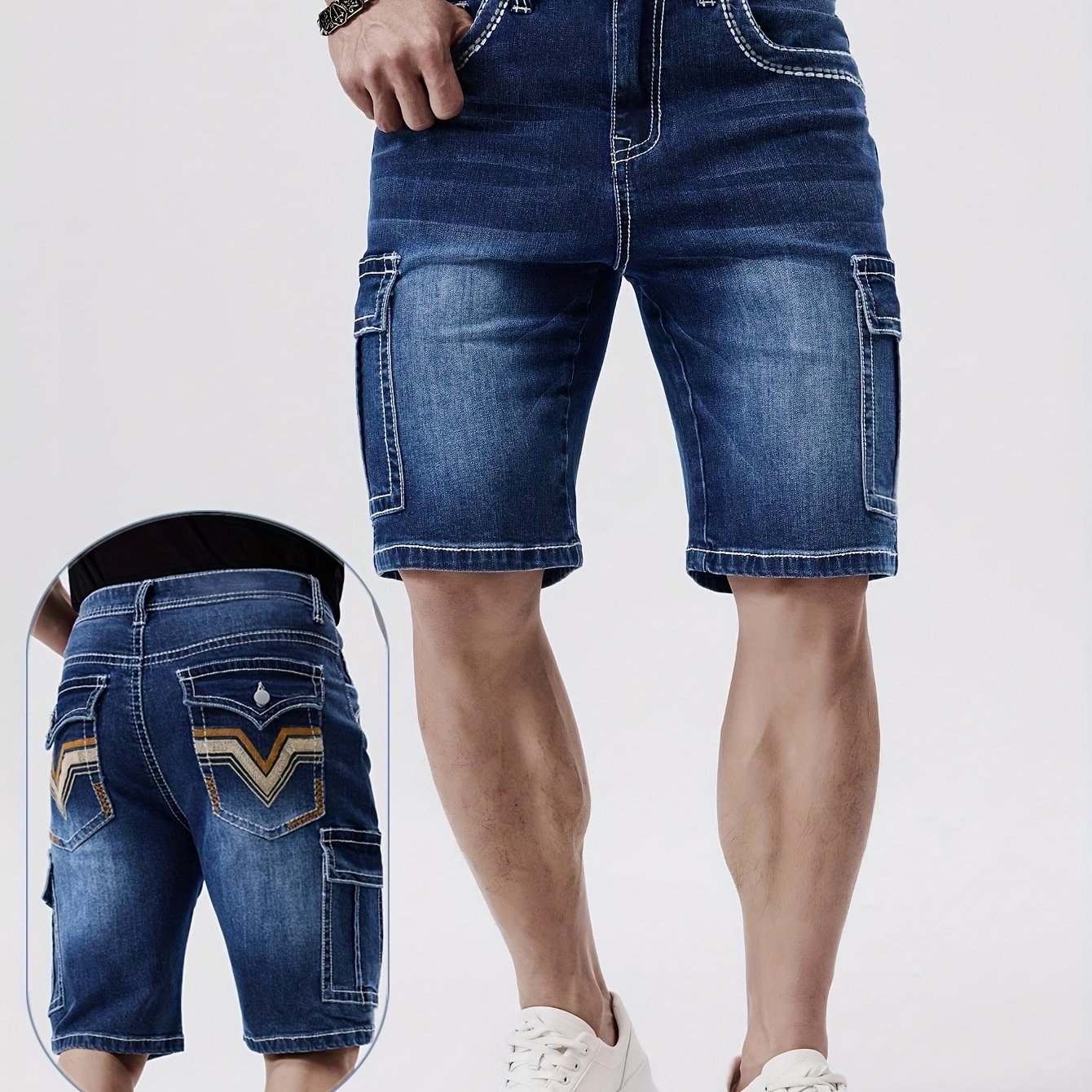 Image of Men's Slim Fit Stretch Denim Shorts With Embroidered - Mid-rise Straight-leg Casual Streetwear, Knee-length Summer Shorts For Versatile Outfits, | Vintage Embroidery | Solid , Jean Shorts