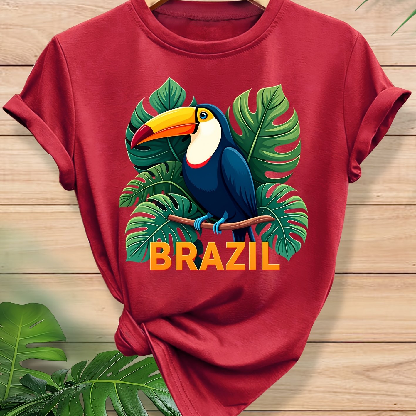 TEMU Brazil Print Fashion Elegant Women's Spring Summer Autumn Casual Sporty Top Soft Comfortable Round Neck Short Sleeve T-shirt In Sizes S-xxl