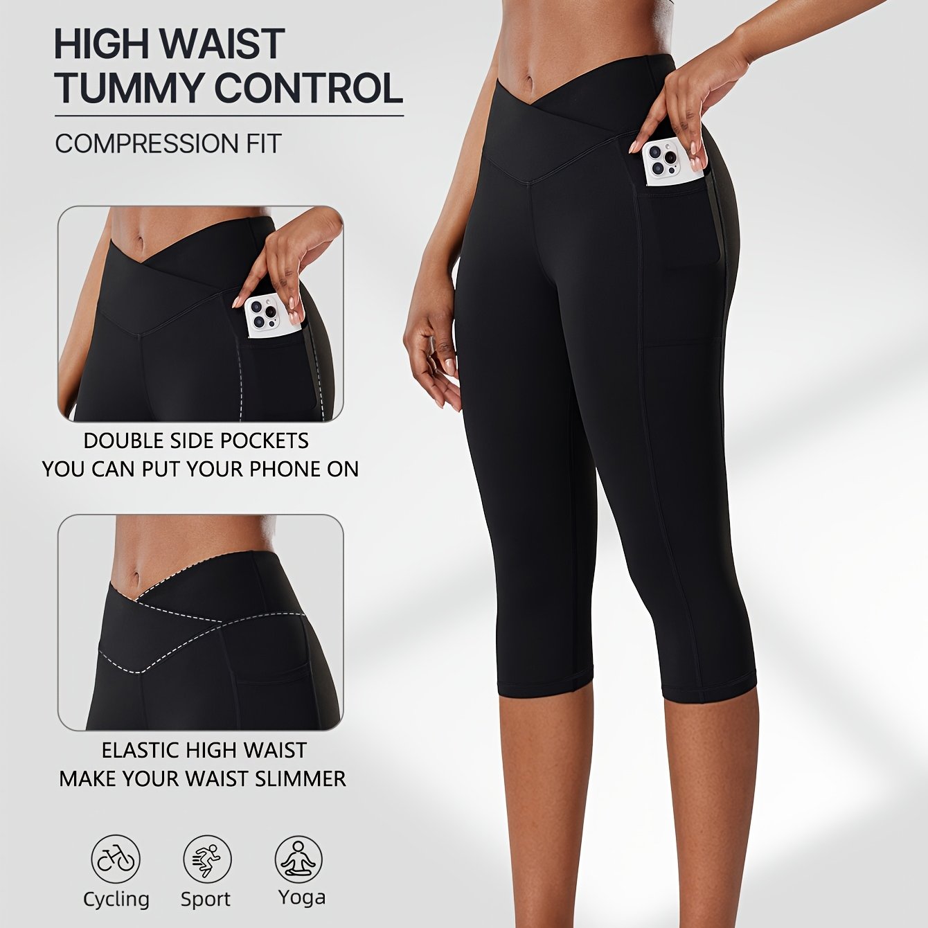 TEMU Spring Summer Side Pocket Cross Waist Women's Tight Capri Pants For Running Exercise Quick Dry Breathable Athletic Trousers Training High Waist