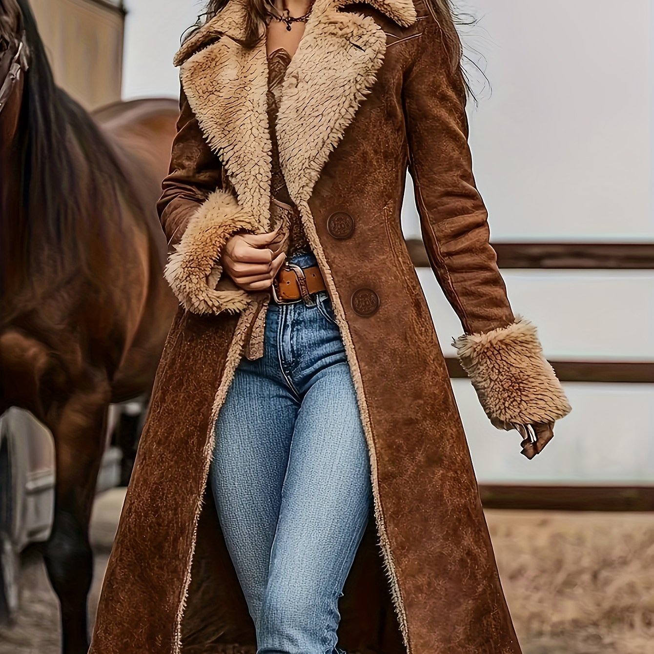 TEMU Women's Western Vintage Trench Coat Plush Autumn And Winter Fashionable Warm Coat