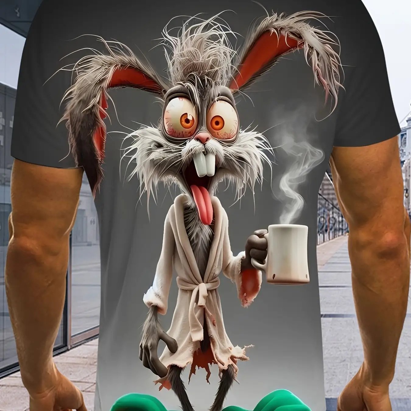 TEMU Men's 3d Printed T-shirt With Whimsical Rabbit Design | Short Sleeve, Crew Neck, Stretch, Casual Streetwear For Summer And Vacations, Vacation