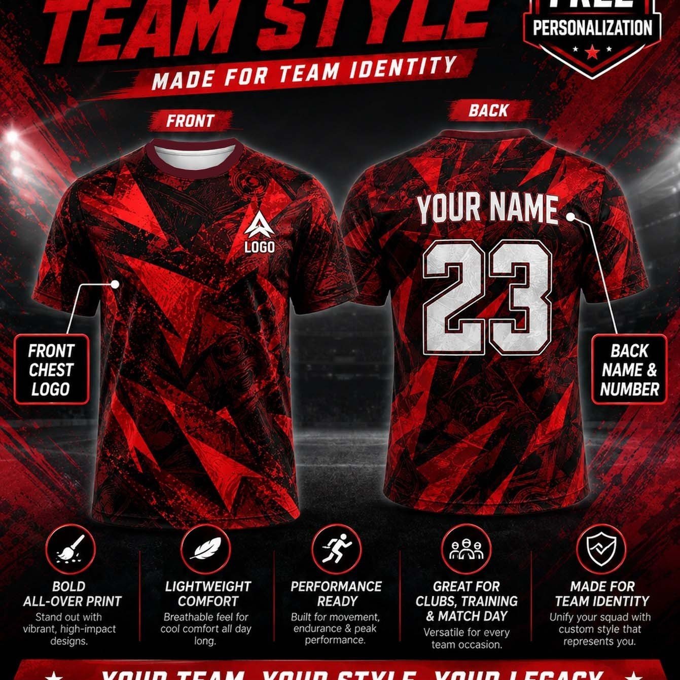 TEMU Men's Custom Round Neck Short Sleeve T-shirt - Personalized Apparel | Red Geometric Style Men's Competition Jersey, Lightweight Breathable