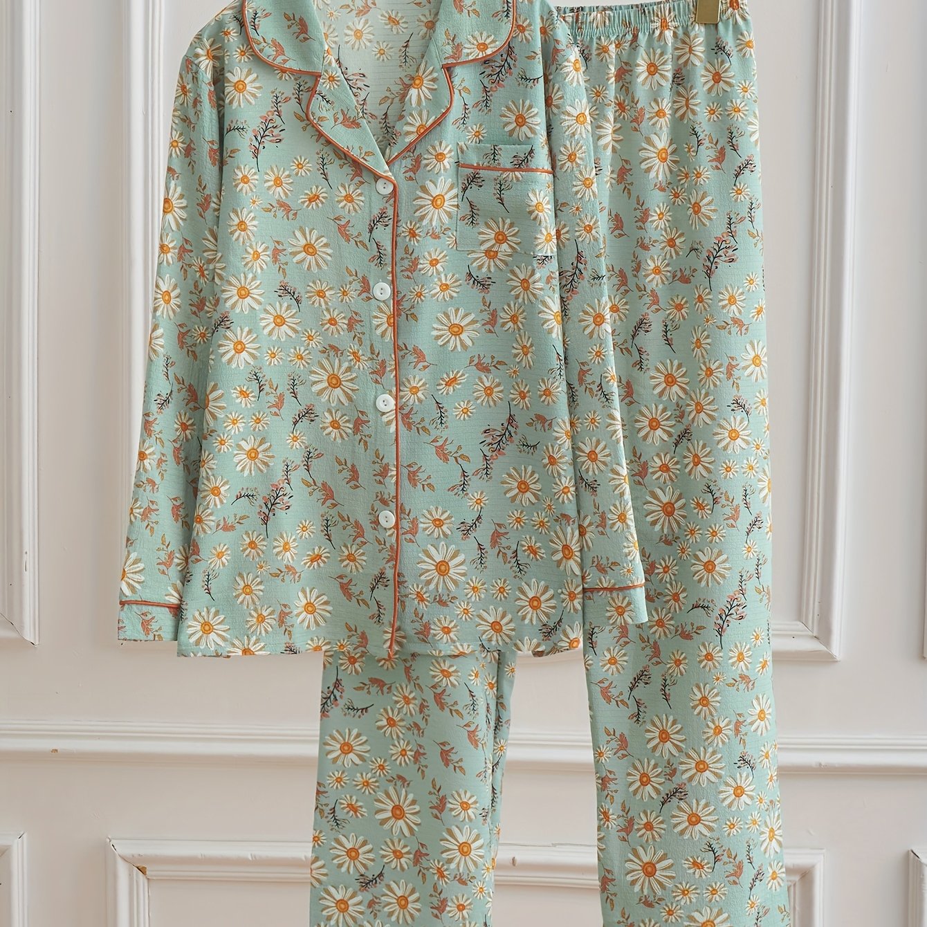 TEMU Bubble Crinkle Daisy Print Women's Pajama Set, Contrast Trim Lapel Button-up Long Sleeve Long Pants Loungewear