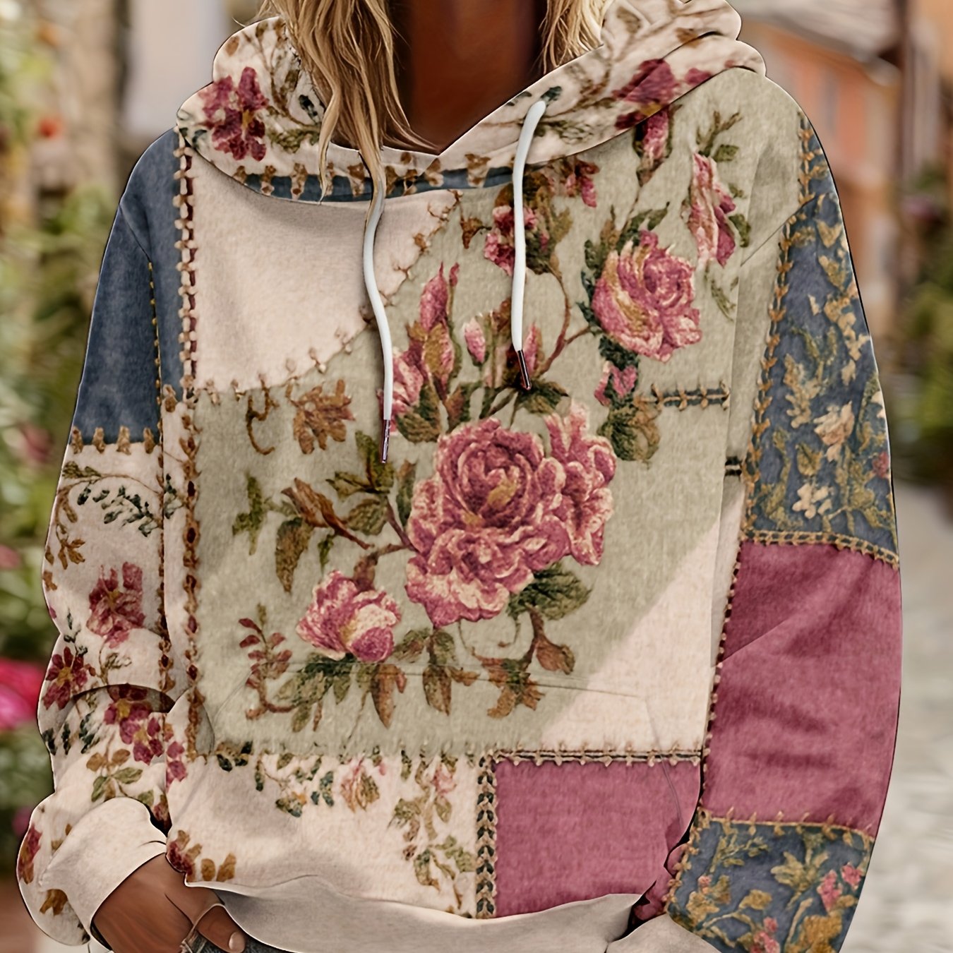 E-shop Damen Herbst Winter Vintage Bohemian Style Blumen Digitaldruck Hoodie, Color Block Patchwork Bedruckter Pullover Sweatshirt, Street Casual