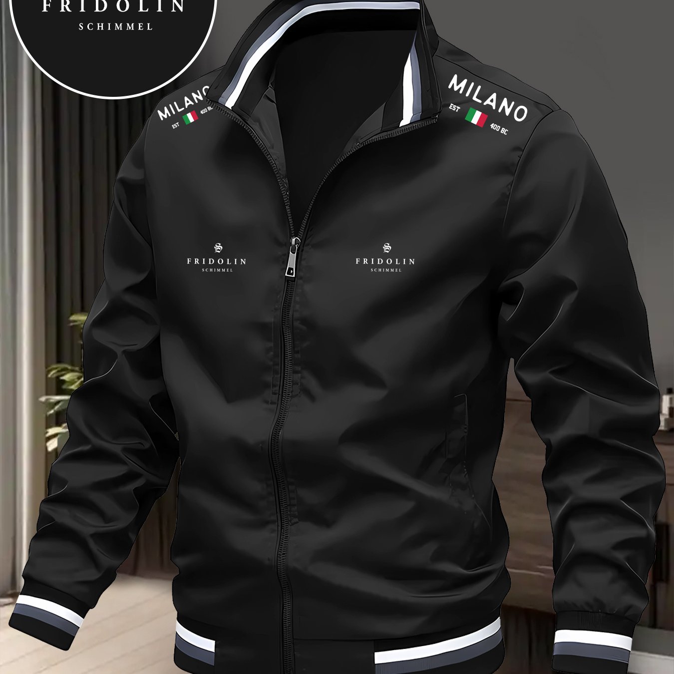 TEMU Men's Badge Print Lightweight Stand Collar Jacket - High Zippered Outer Coat With Ribbed Trim, Machine Washable Fall/winter Casual Blazer,