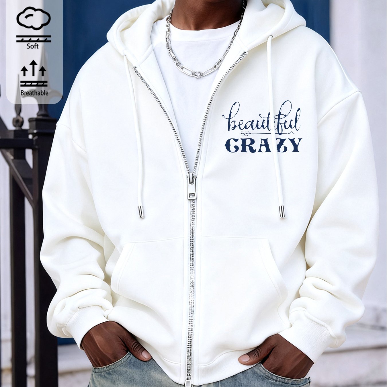Spring/autumn/winter Unisex Zip-up Hoodie Men' Cotton Casual Loose Fit Hoodie With 'beautiful Crazy' Graphic Print - Perfect For Young Adults And Everyday Styling