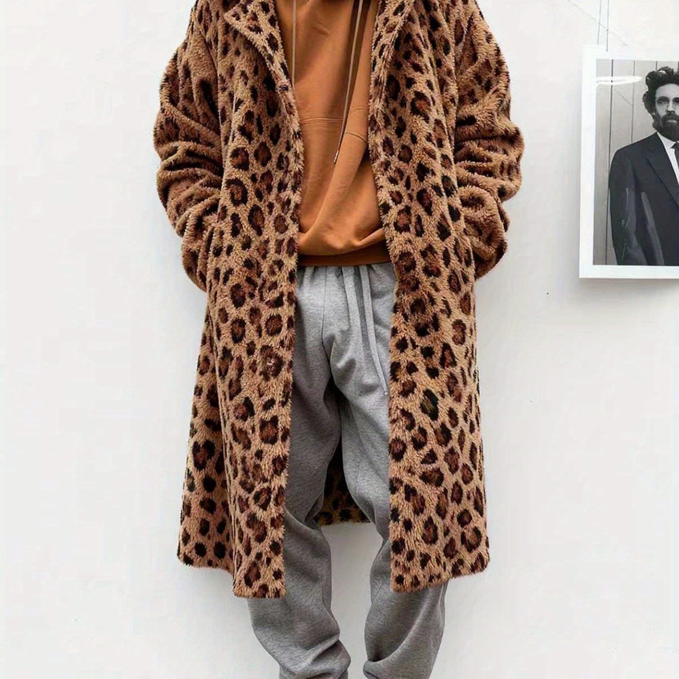 TEMU Men's Fashion Wild And Warm Coexisting Leopard Plush Long Coat, Soft -friendly Ultra-warm Classic Lapel Design, Neat And Stylish Unique Leopard