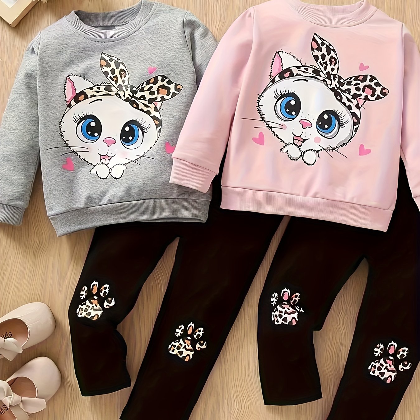 Girls' Casual Cute Long-sleeve Sweatshirt Set With Round Neck Top And Leggings, Sizes 90-130, Perfect For Outdoor