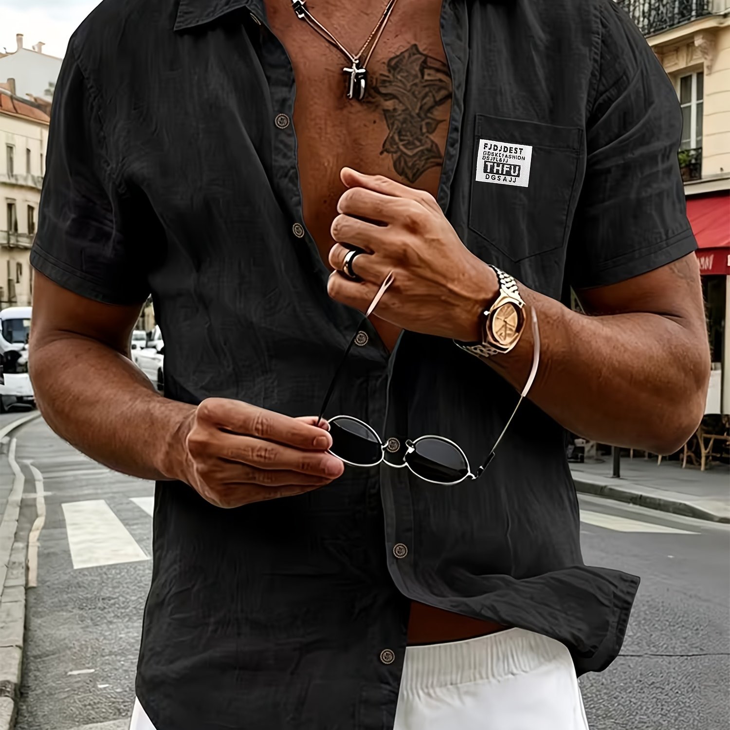 TEMU Men's Linen Shirt, Solid Color Button-up Short Sleeve, Lapel Design, Comfortable And Breathable Fabric, Suitable For Beach Vacation, Outdoor
