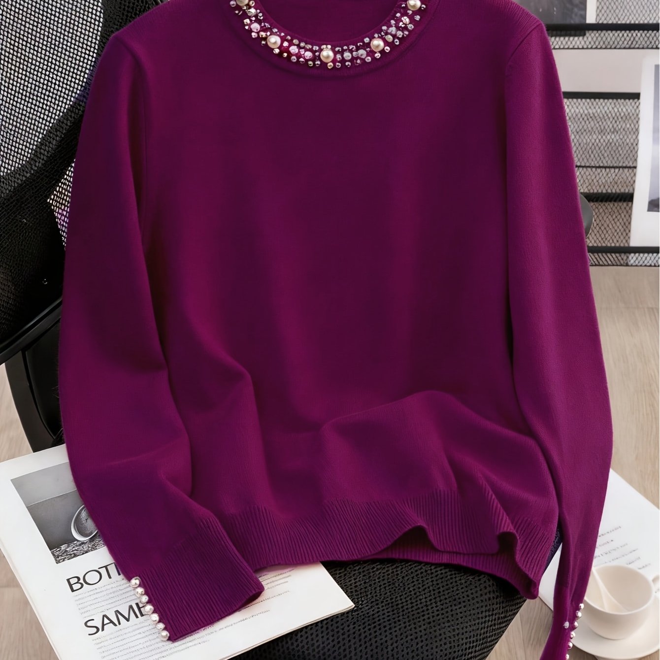 TEMU Plus Size - Plus Size Fashion Beading Women Autumn Winter Warm Sweater | Long Sleeves Top, Crew Neck, Medium Stretch Fabric, Solid Color
