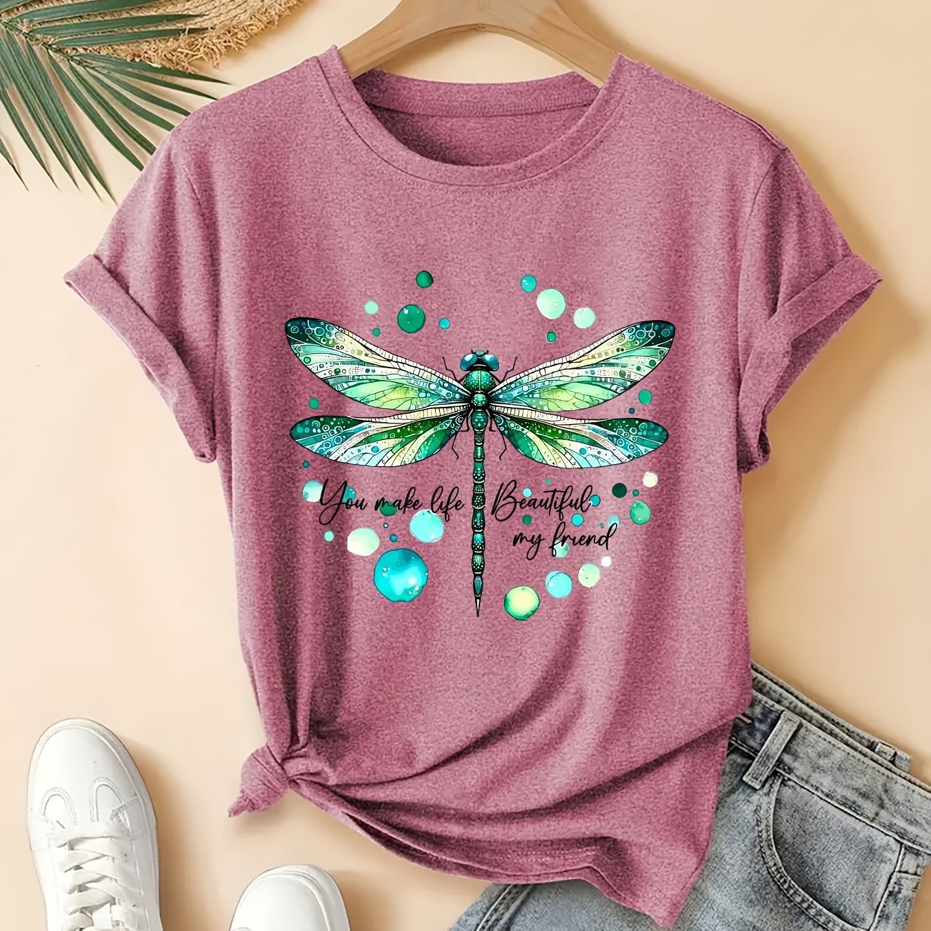 TEMU Women's Plus Size Watercolor Print T-shirt - Short Sleeve Round Neck Blouse, Spring Summer Fall Casual Top, Machine Washable Loose Fit For Daily