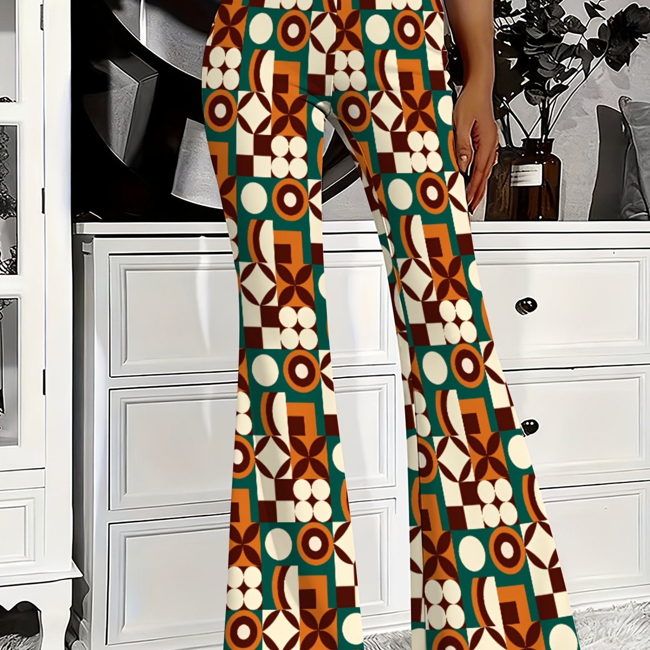 TEMU Women's Printed Flared Trousers, High-waisted Wide-leg Stretch Casual Trousers, Made Of Lightweight Stretch Fabric, Suitable For Casual Wear,