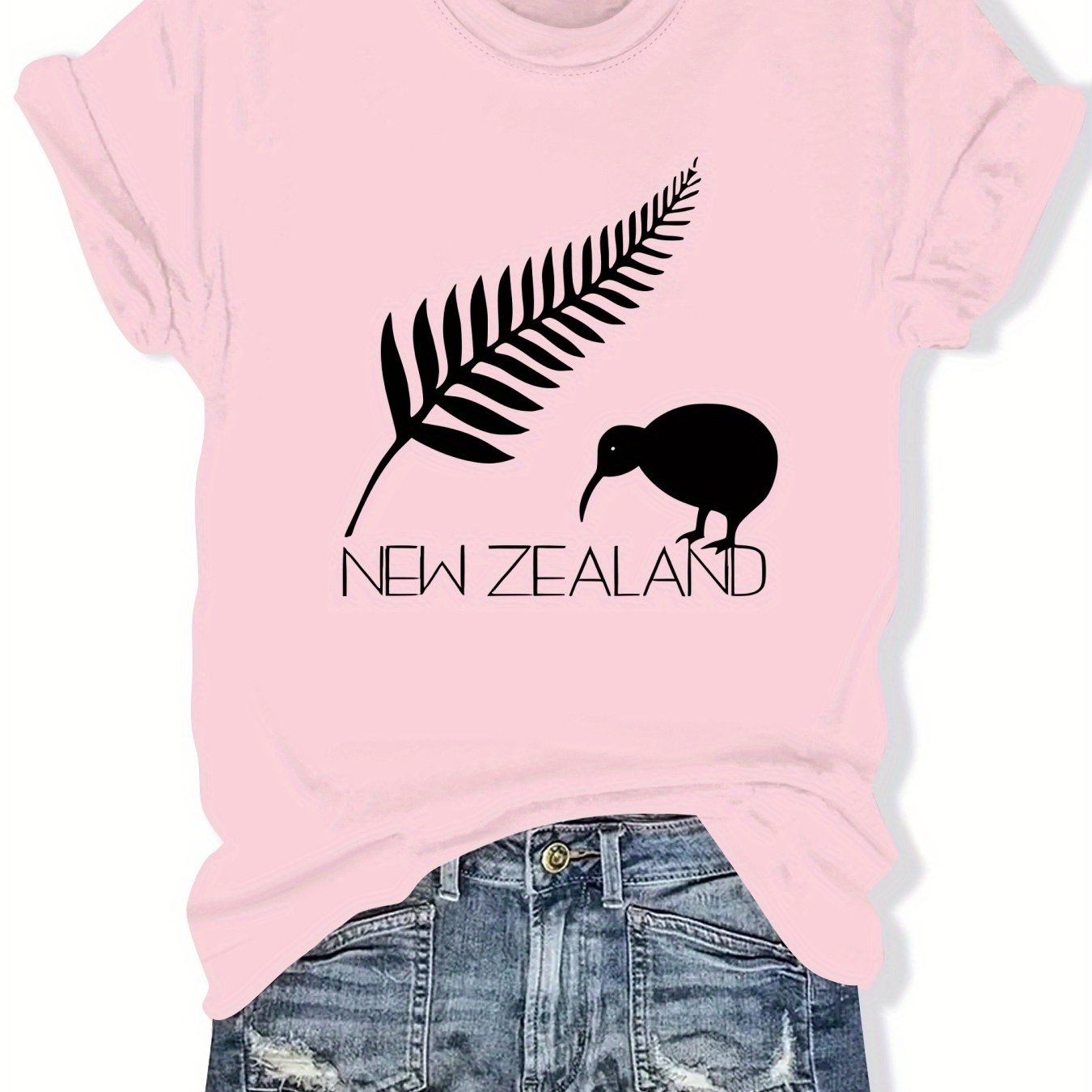 TEMU Women's New Zealand Silhouette Graphic T-shirt - Breathable Polyester, Casual Round Neck Short Sleeve Tee With Kiwi Bird & Fern Design, Machine