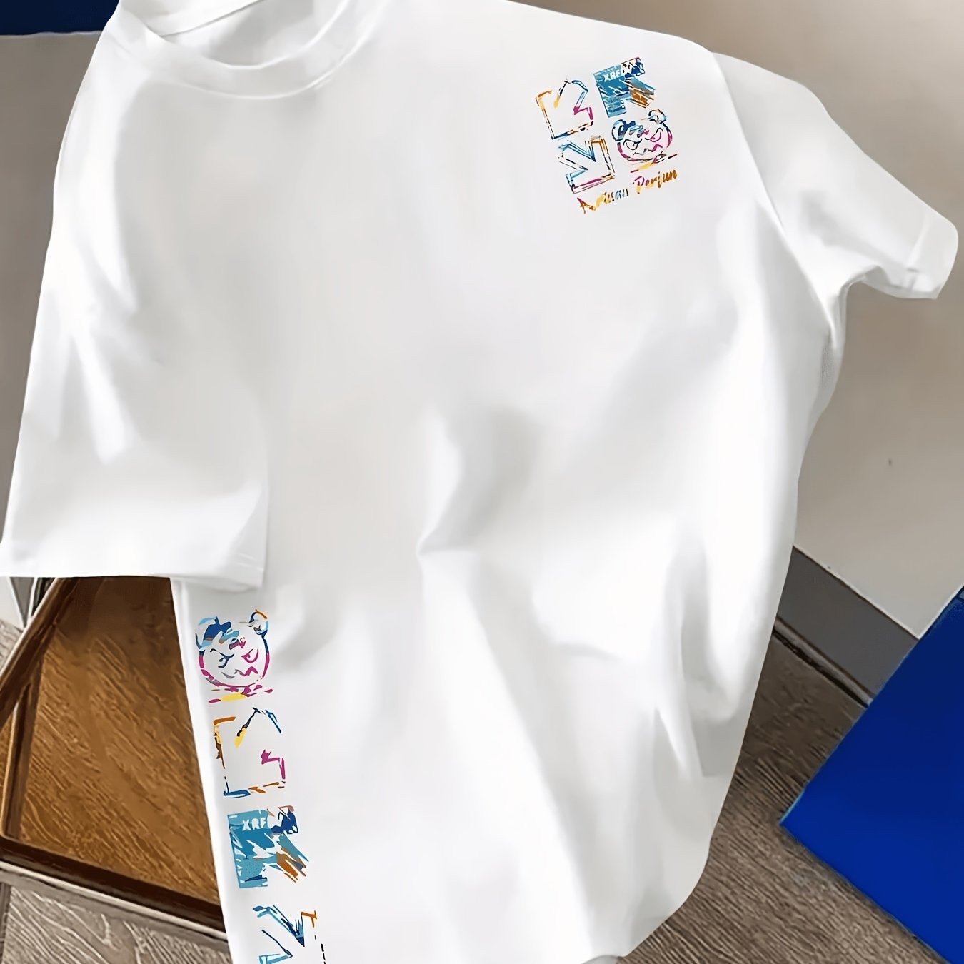 TEMU Streetwear Dopamine Graffiti Colorful Graffiti Print Men's Short Sleeve T-shirt - 100% Polyester Crew Neck, Machine Washable, Regular Fit,