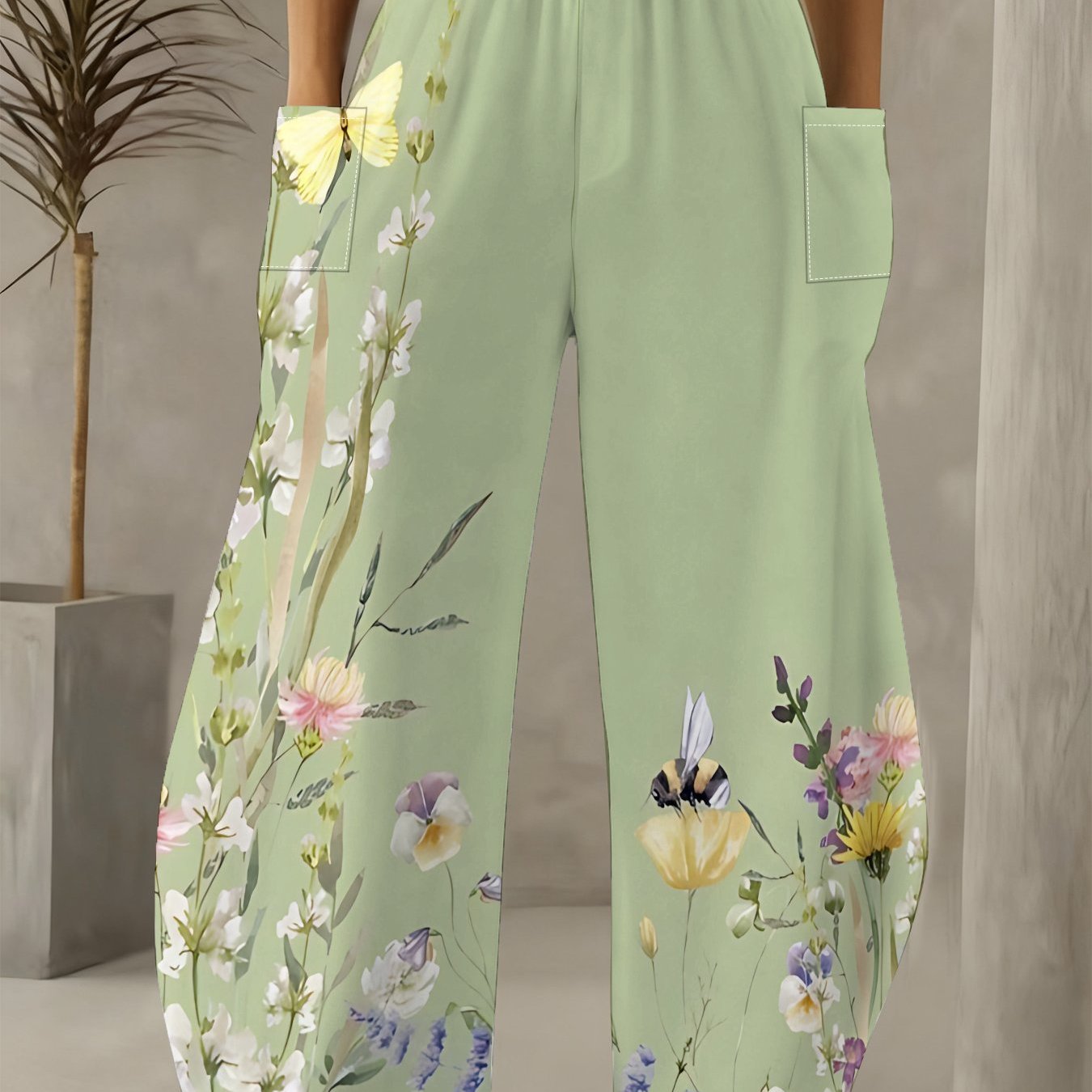 TEMU Women's Casual Wide-leg Pants, Watercolor Prints On , Loose And Drapey, With Functional Side Pockets, Perfect For Daily Commuting, Hiking And