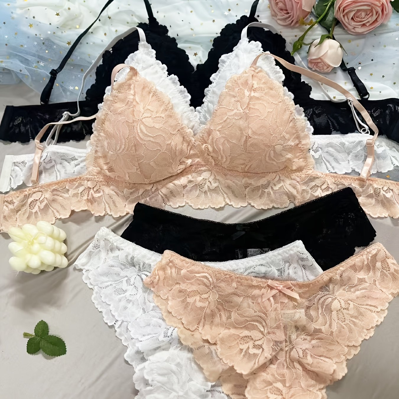 TEMU 6pcs Set Sexy Lace Trim Women's Push---free Backless Bra Set For Large Breasts To Create A Smaller Appearance