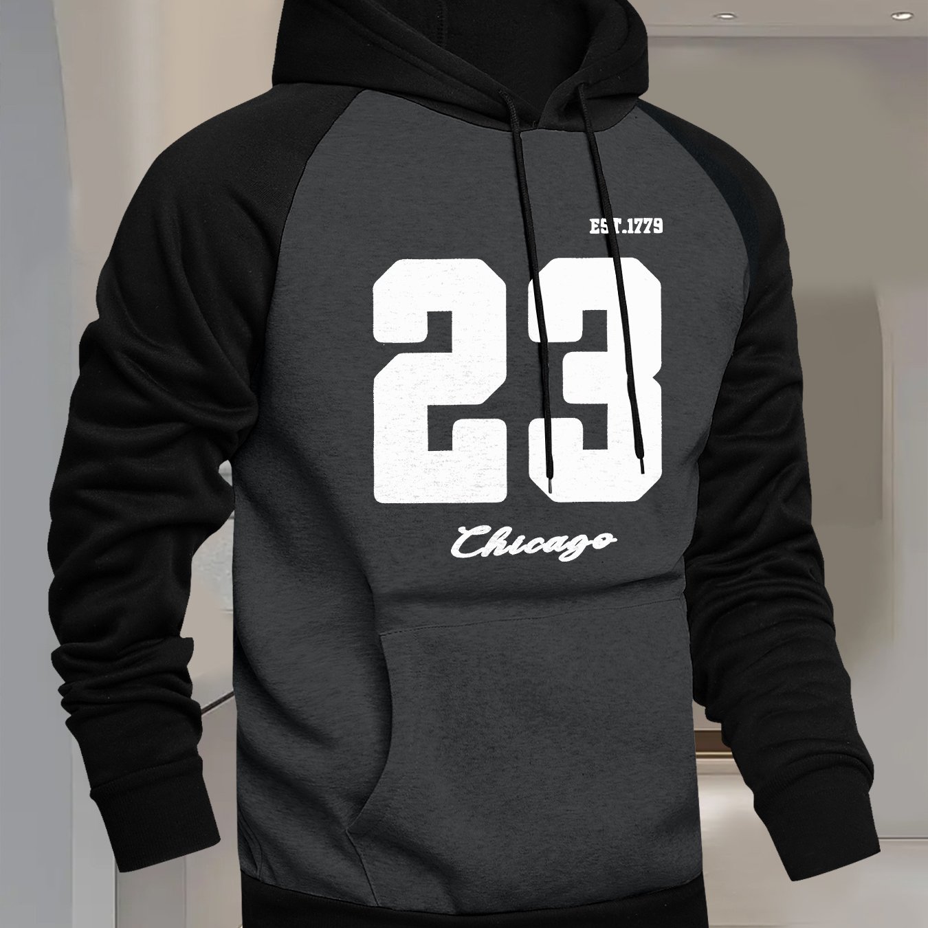 TEMU Men's Hooded Color- Sweatshirt, Casual And Versatile With A Trendy 23 Print, Featuring A Stylish Hood And Raglan Sleeves