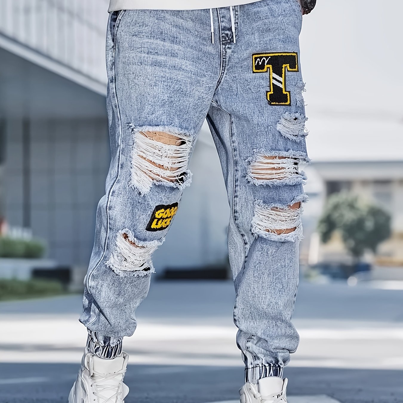 Image of Men's Casual Loose Fit Denim Jeans With Ripped Knee Patches - Drawstring Waist, , Street Style, Casual Attire | Ripped Jeans | Drawstring Waistband