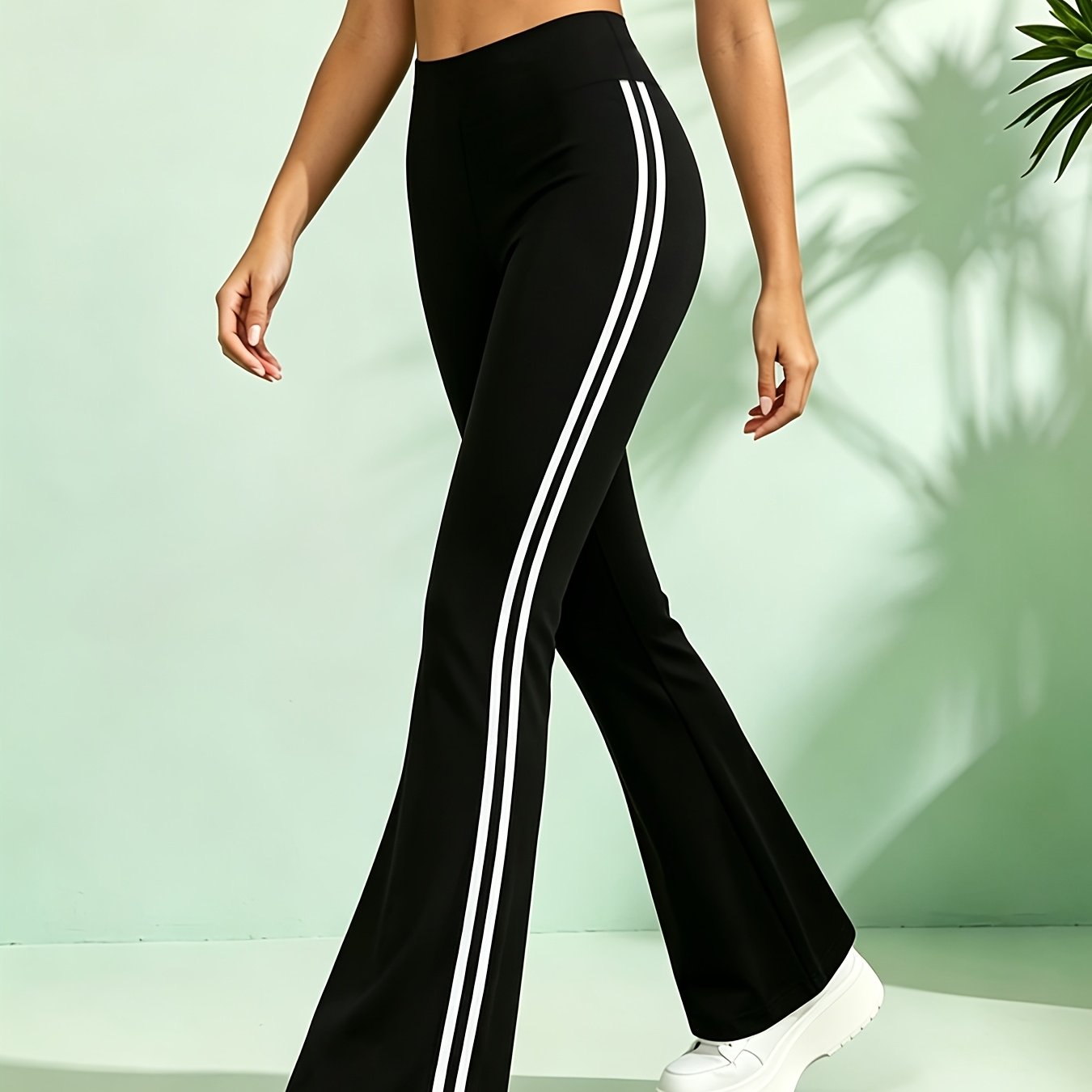 TEMU Women's High Waist Striped Flare Leg Pants, Stretch & Slim Fit For Casual And Wear