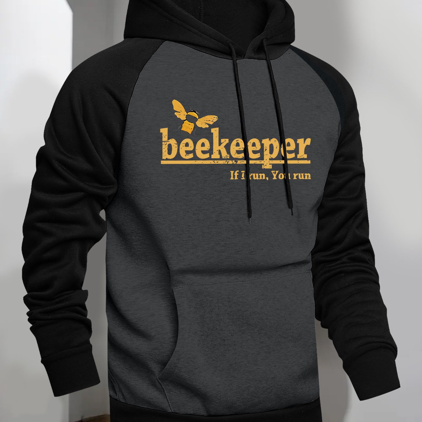 TEMU Men's Hooded Sweatshirt With Bee Pattern Print, Casual And Versatile Fashion, Color Block Hooded Sweatshirt, Raglan Sleeve Stylish Sweatshirt