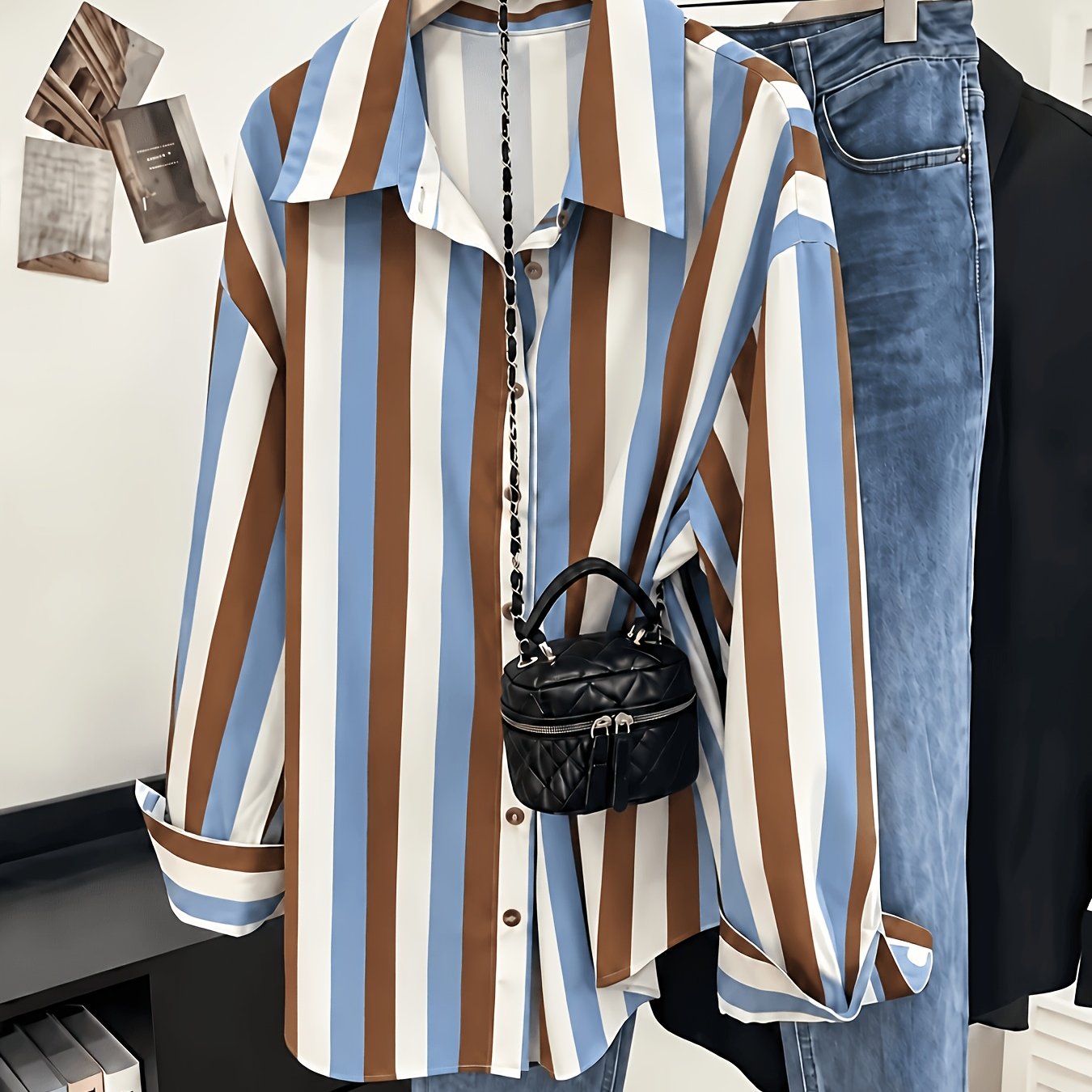 TEMU Plus Size, Plus Size Women's Long Sleeve Shirt, Striped And Polka Dot Print, Classic Lapel Button- Shirt, Suitable For , Suitable For